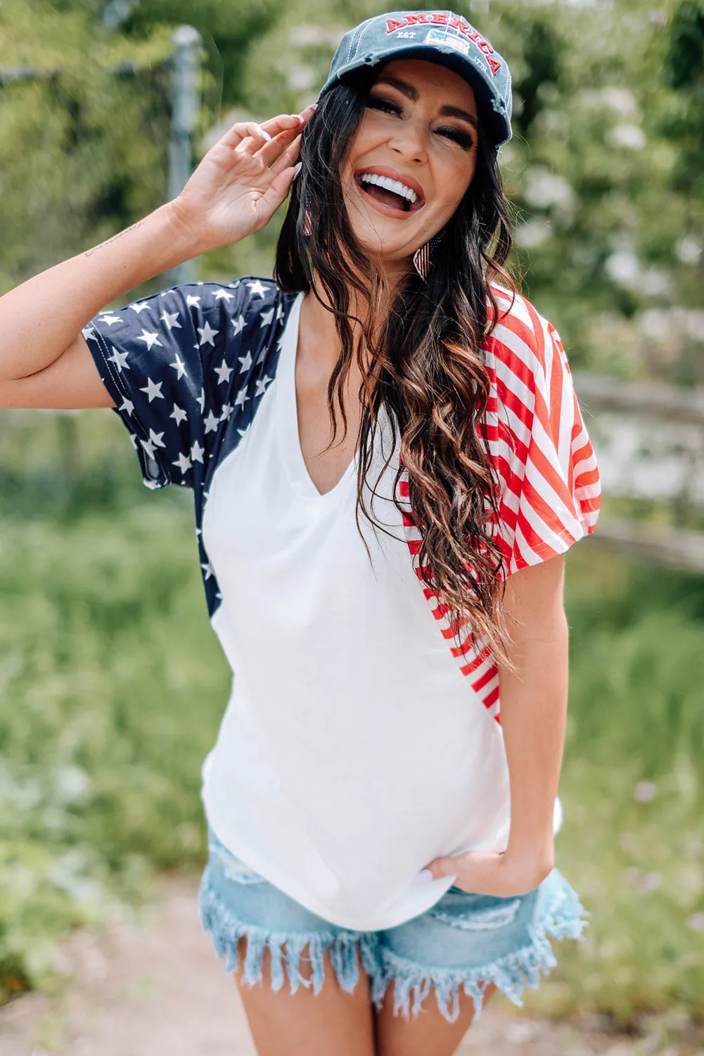 4th of July Shirts for Women V Neck US Stars and Stripes Tee