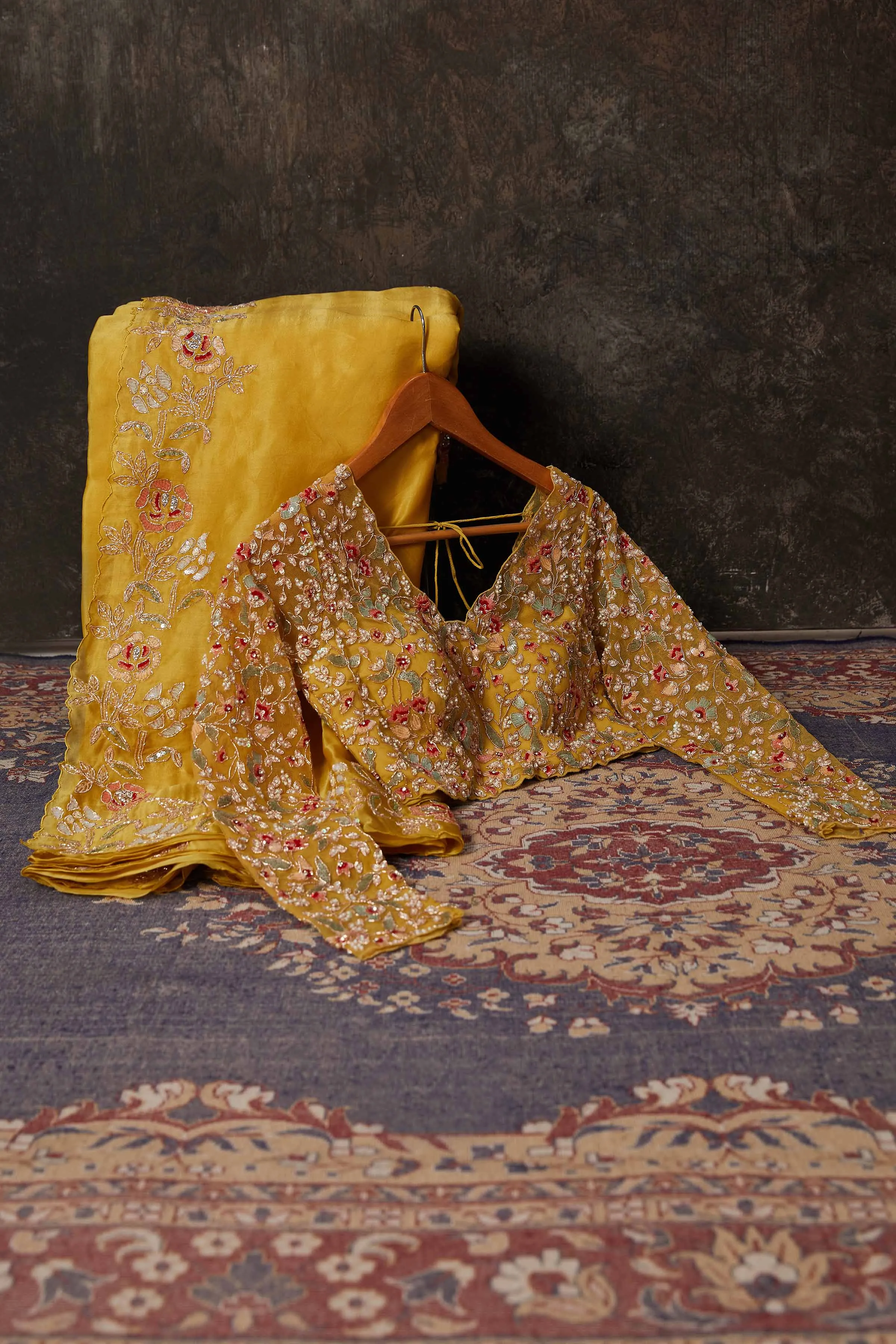 90N661-RO Mango Yellow Hand Embroidered Organza Sari with Blouse