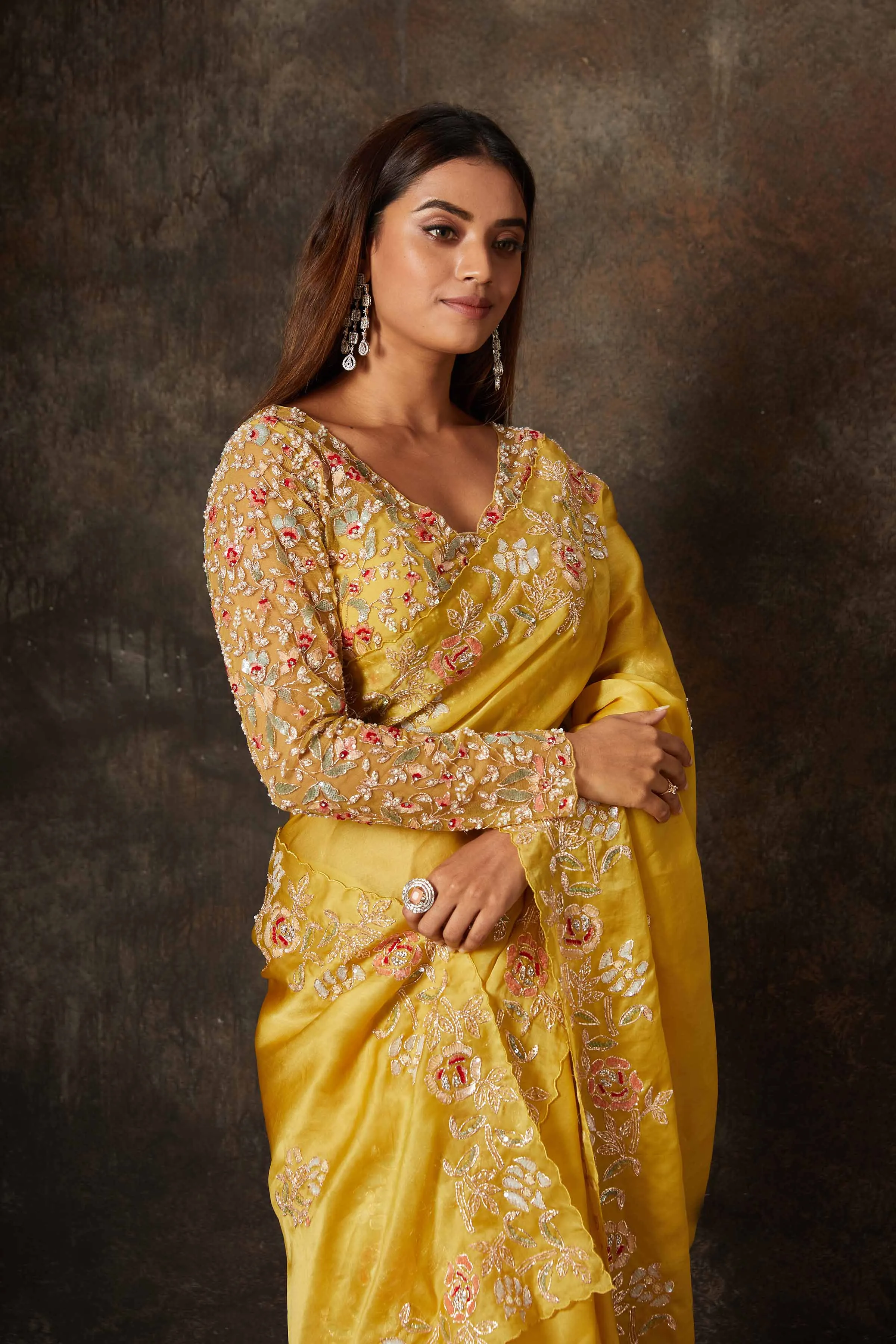 90N661-RO Mango Yellow Hand Embroidered Organza Sari with Blouse