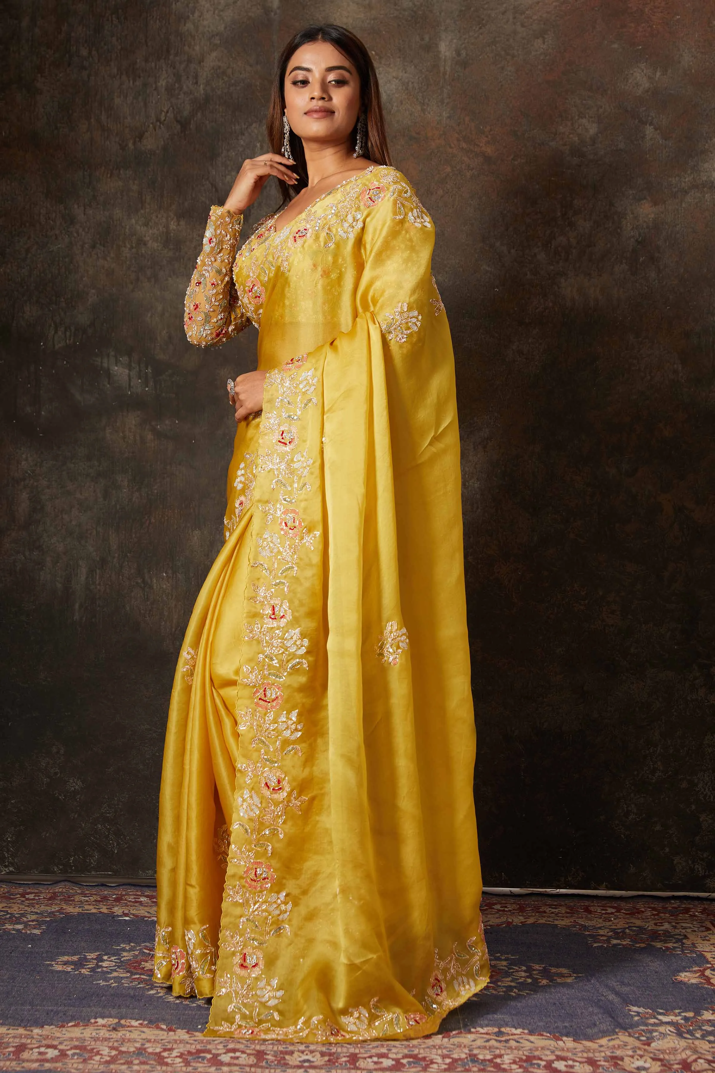 90N661-RO Mango Yellow Hand Embroidered Organza Sari with Blouse