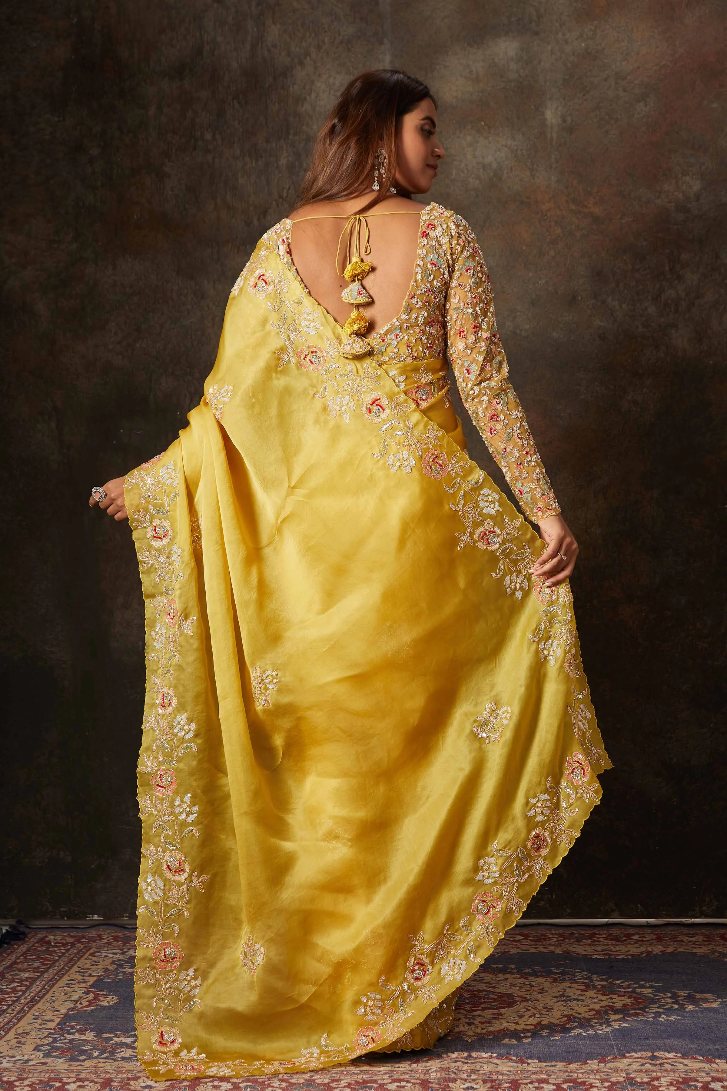 90N661-RO Mango Yellow Hand Embroidered Organza Sari with Blouse