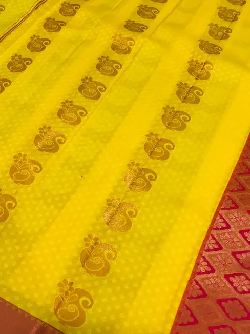 Alluring Yellow Color Art Silk Saree With Mango Motifs And Contrast Rich Pallu