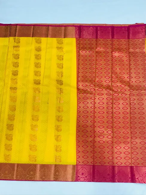 Alluring Yellow Color Art Silk Saree With Mango Motifs And Contrast Rich Pallu