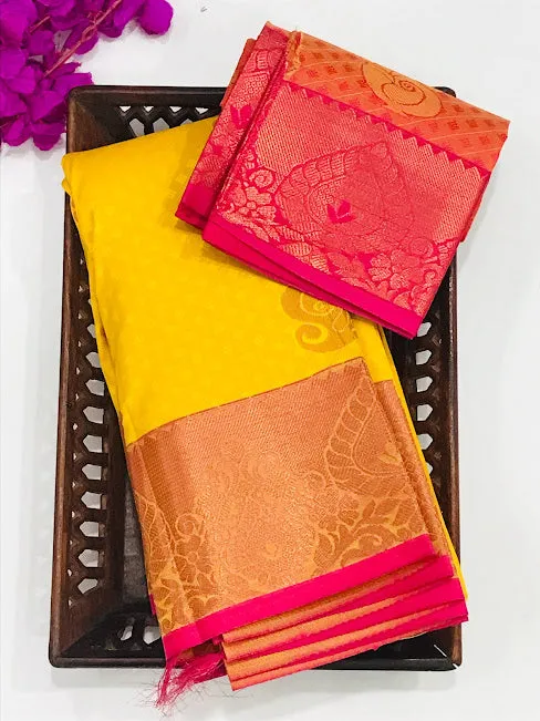 Alluring Yellow Color Art Silk Saree With Mango Motifs And Contrast Rich Pallu