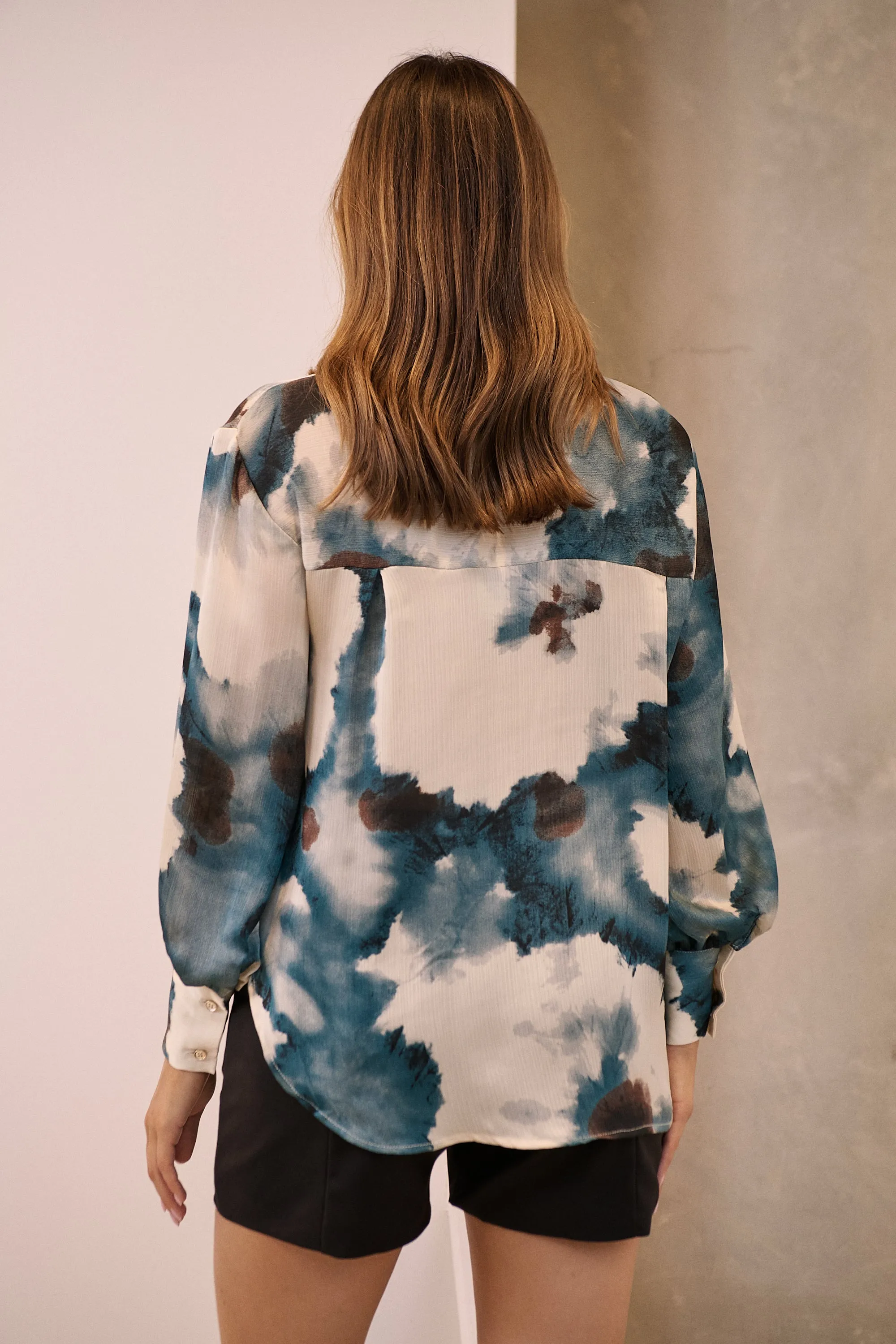 Amaya Navy/Black/Cream Water Color Print Satin Shirt