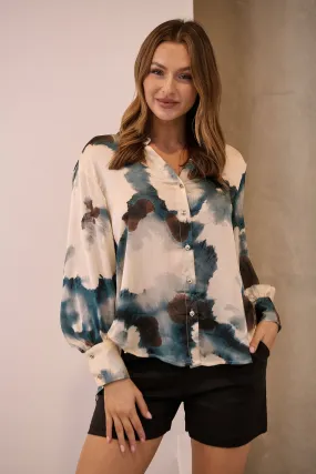 Amaya Navy/Black/Cream Water Color Print Satin Shirt