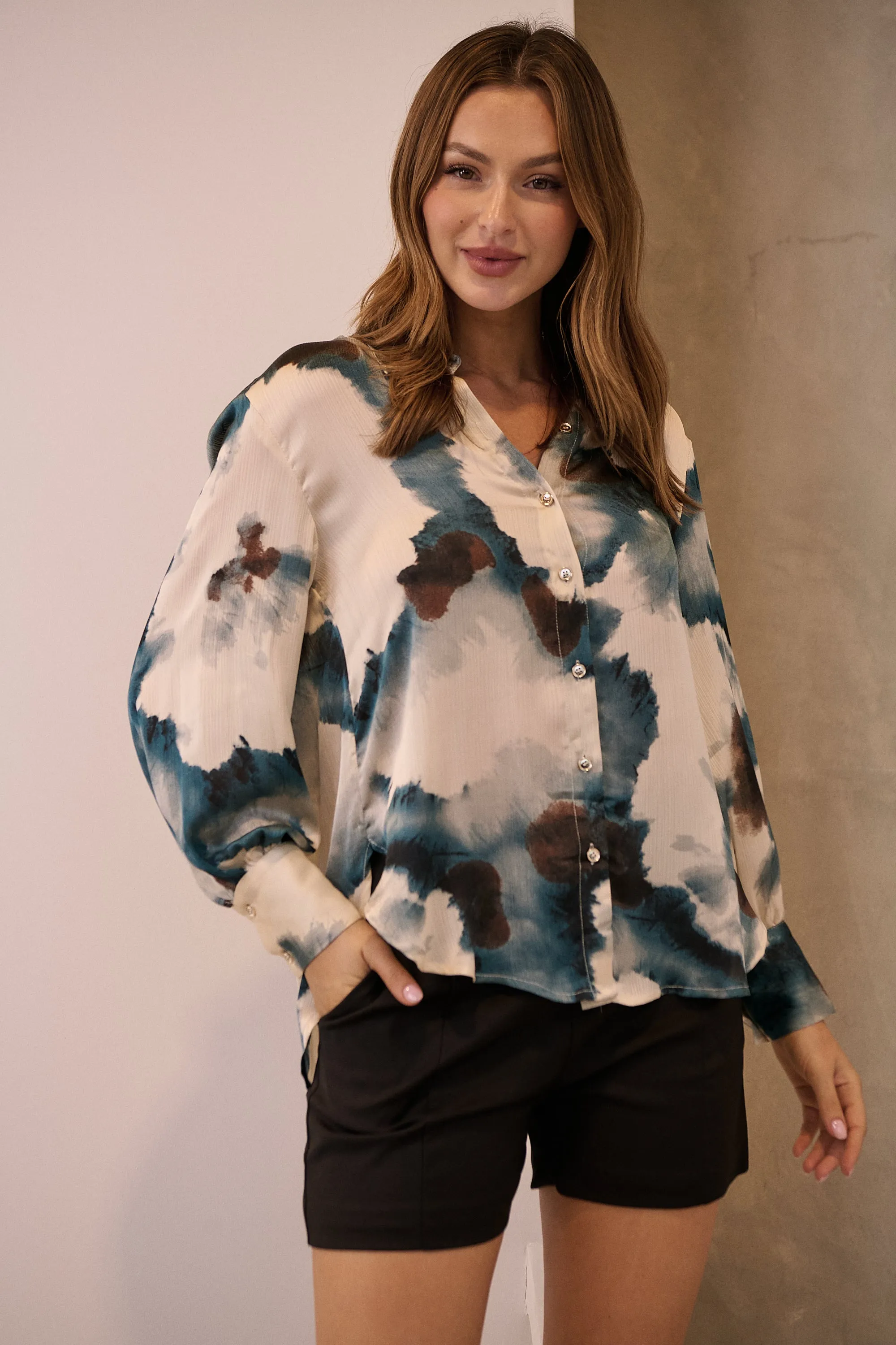 Amaya Navy/Black/Cream Water Color Print Satin Shirt