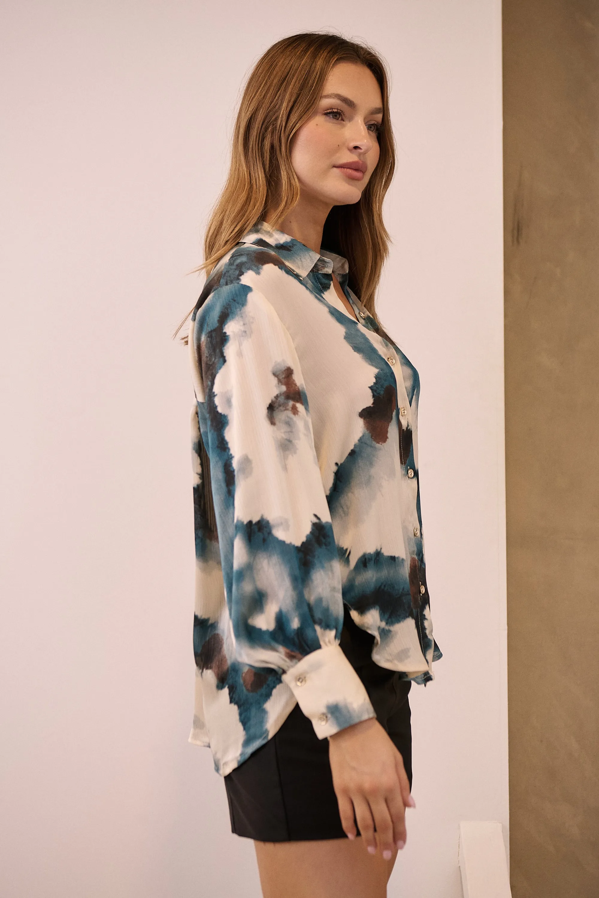 Amaya Navy/Black/Cream Water Color Print Satin Shirt