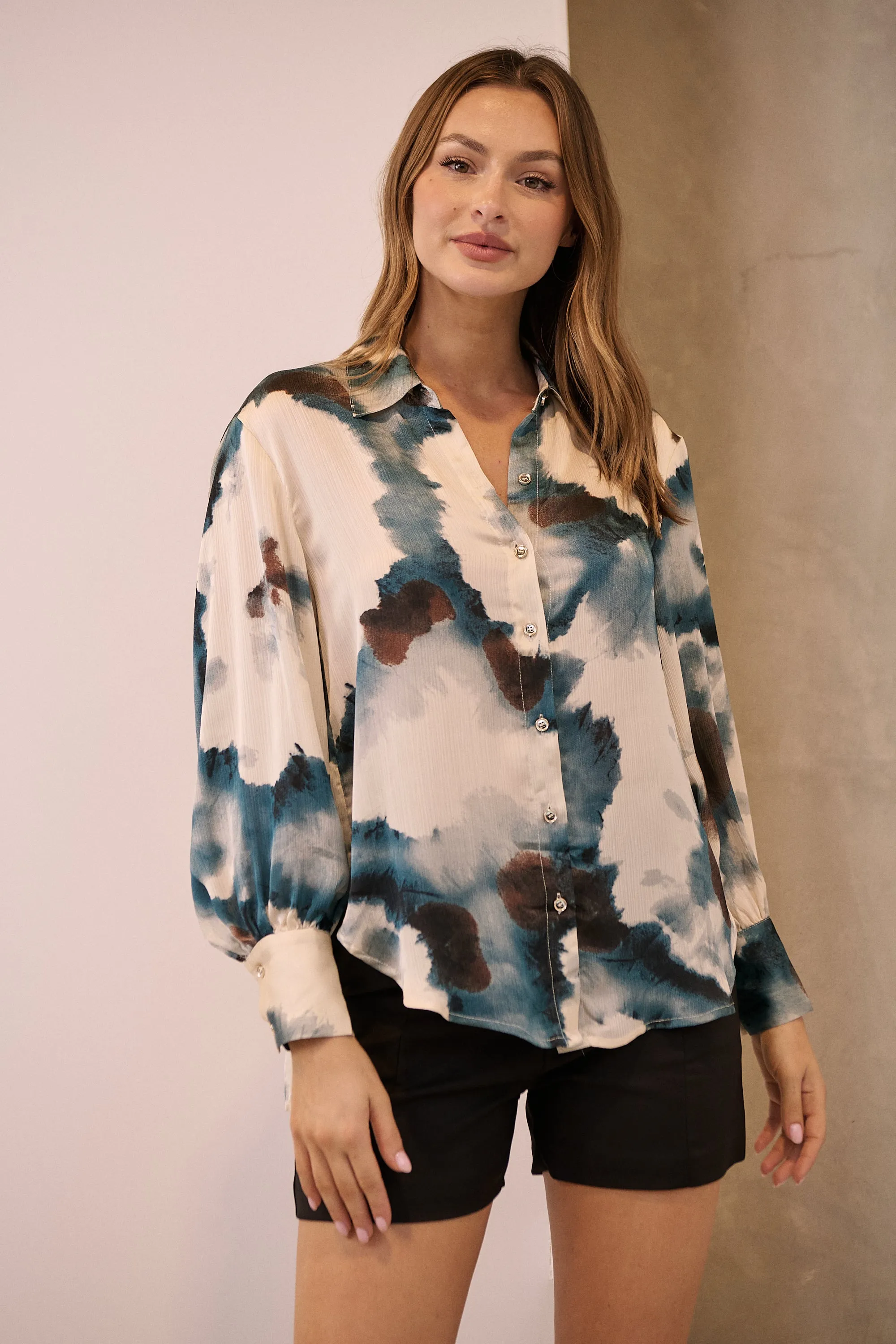 Amaya Navy/Black/Cream Water Color Print Satin Shirt