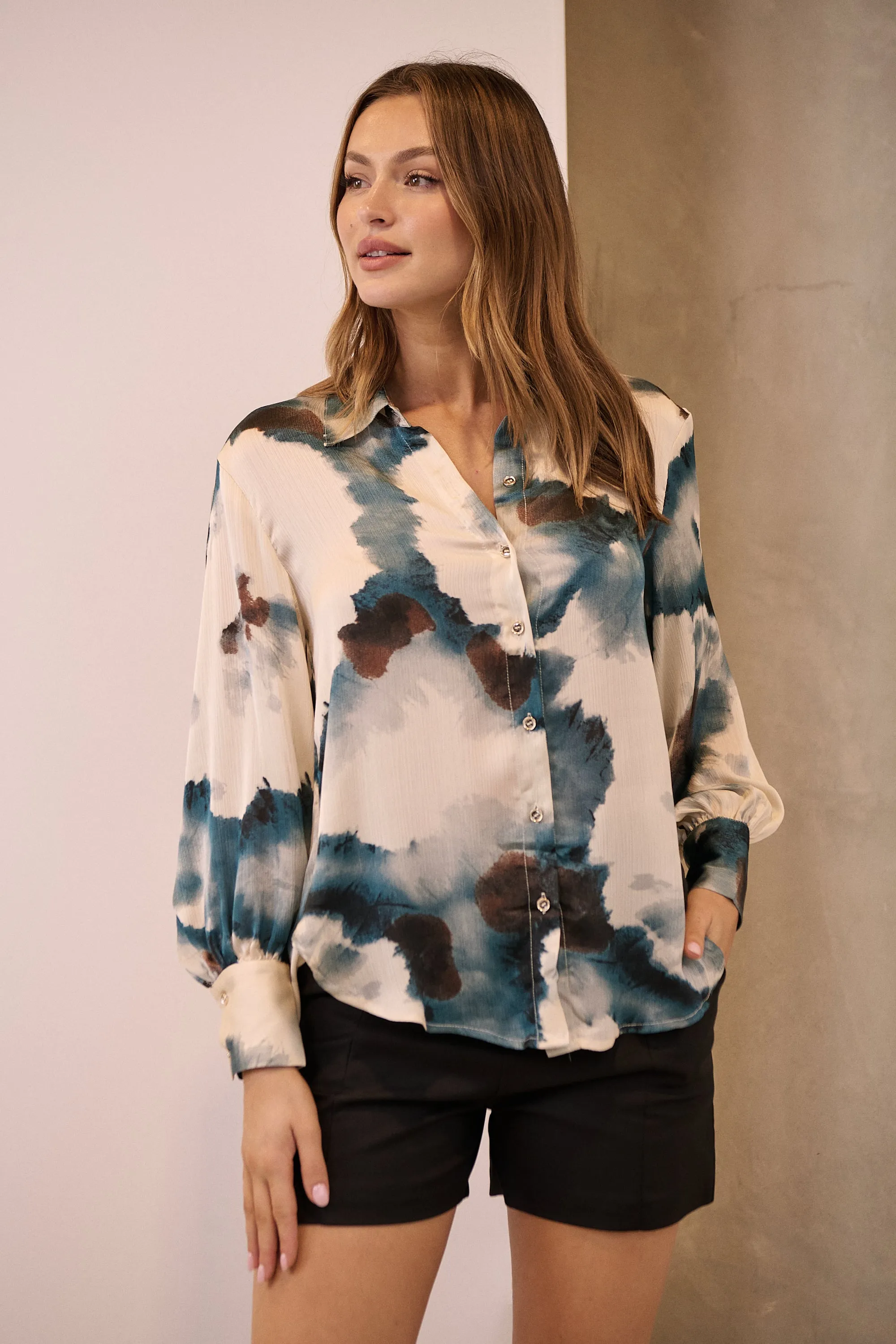 Amaya Navy/Black/Cream Water Color Print Satin Shirt