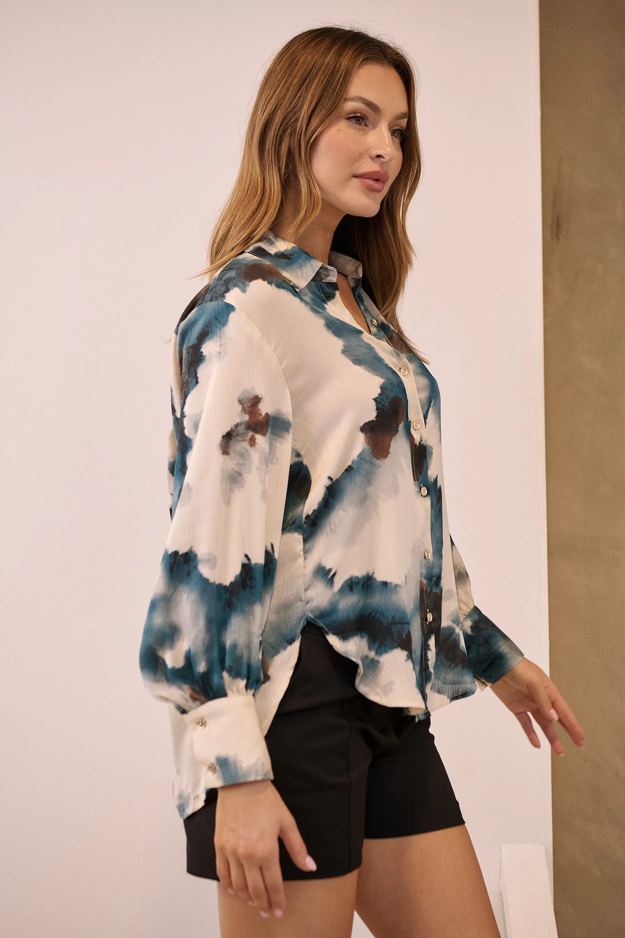 Amaya Navy/Black/Cream Water Color Print Satin Shirt