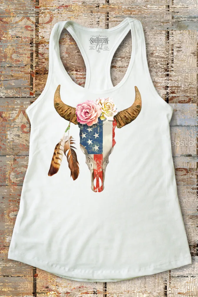 American Flag Bull Skull Racerback Tank Top