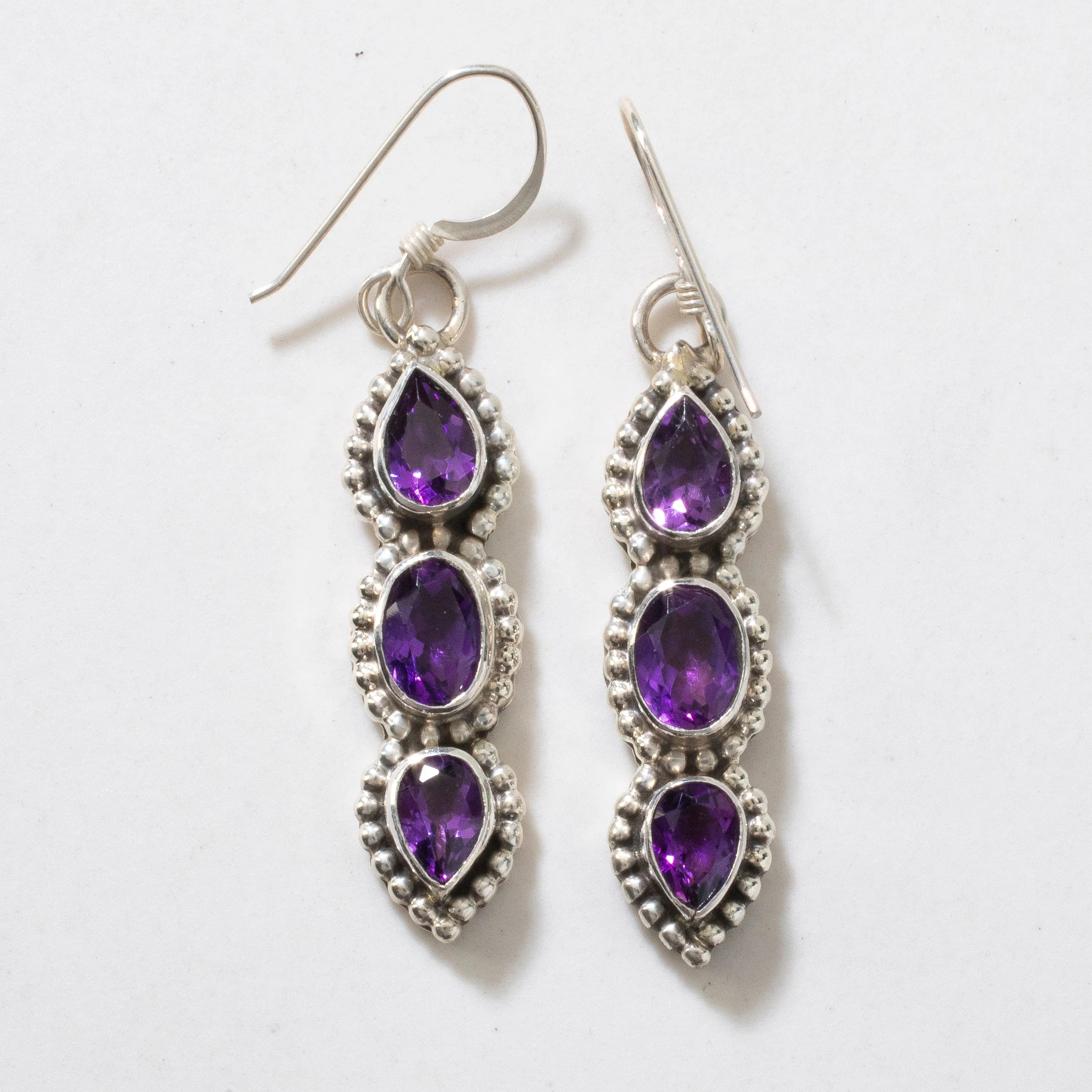 Amethyst Dangle Navajo USA Native American Made 925 Sterling Silver Earrings with French Hook