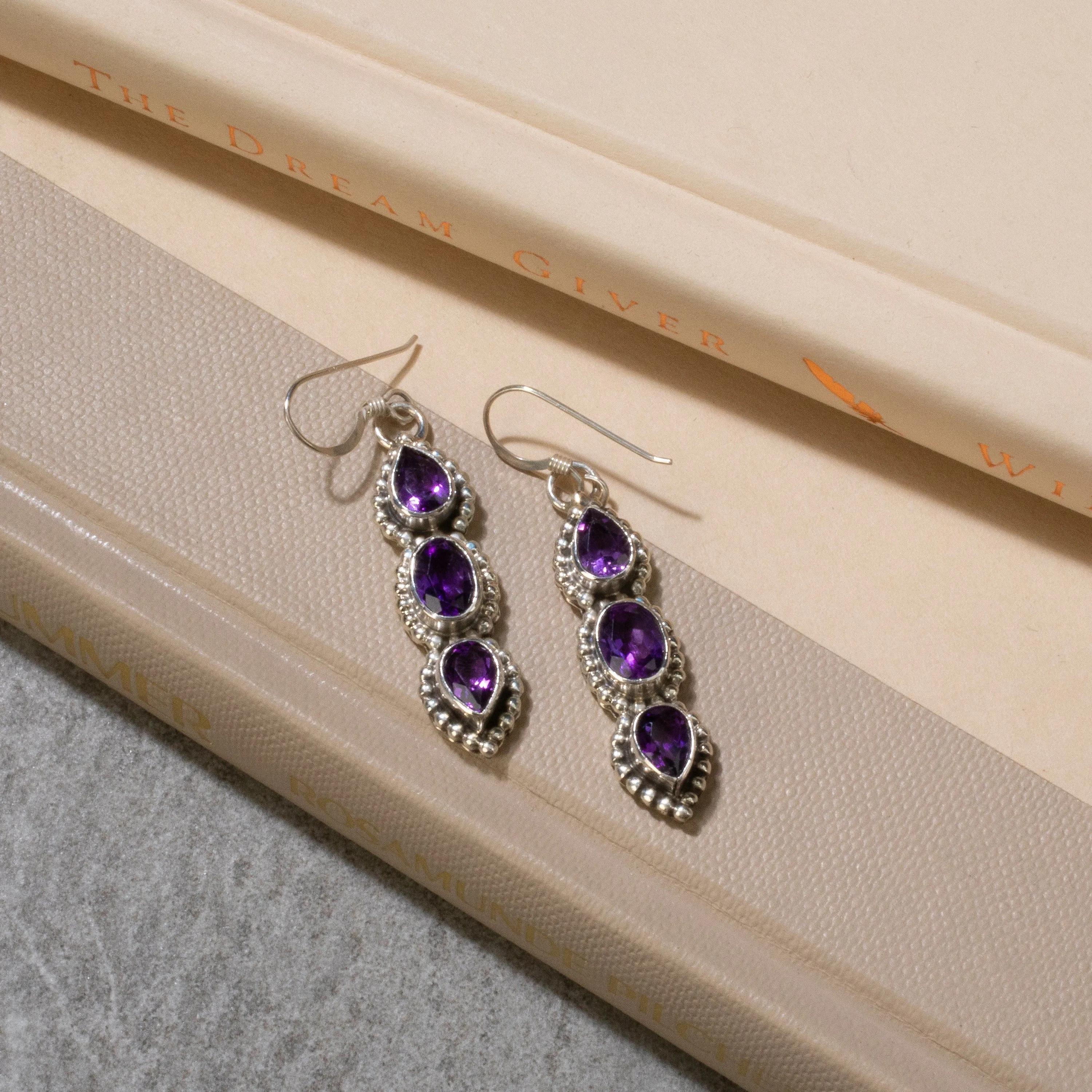 Amethyst Dangle Navajo USA Native American Made 925 Sterling Silver Earrings with French Hook