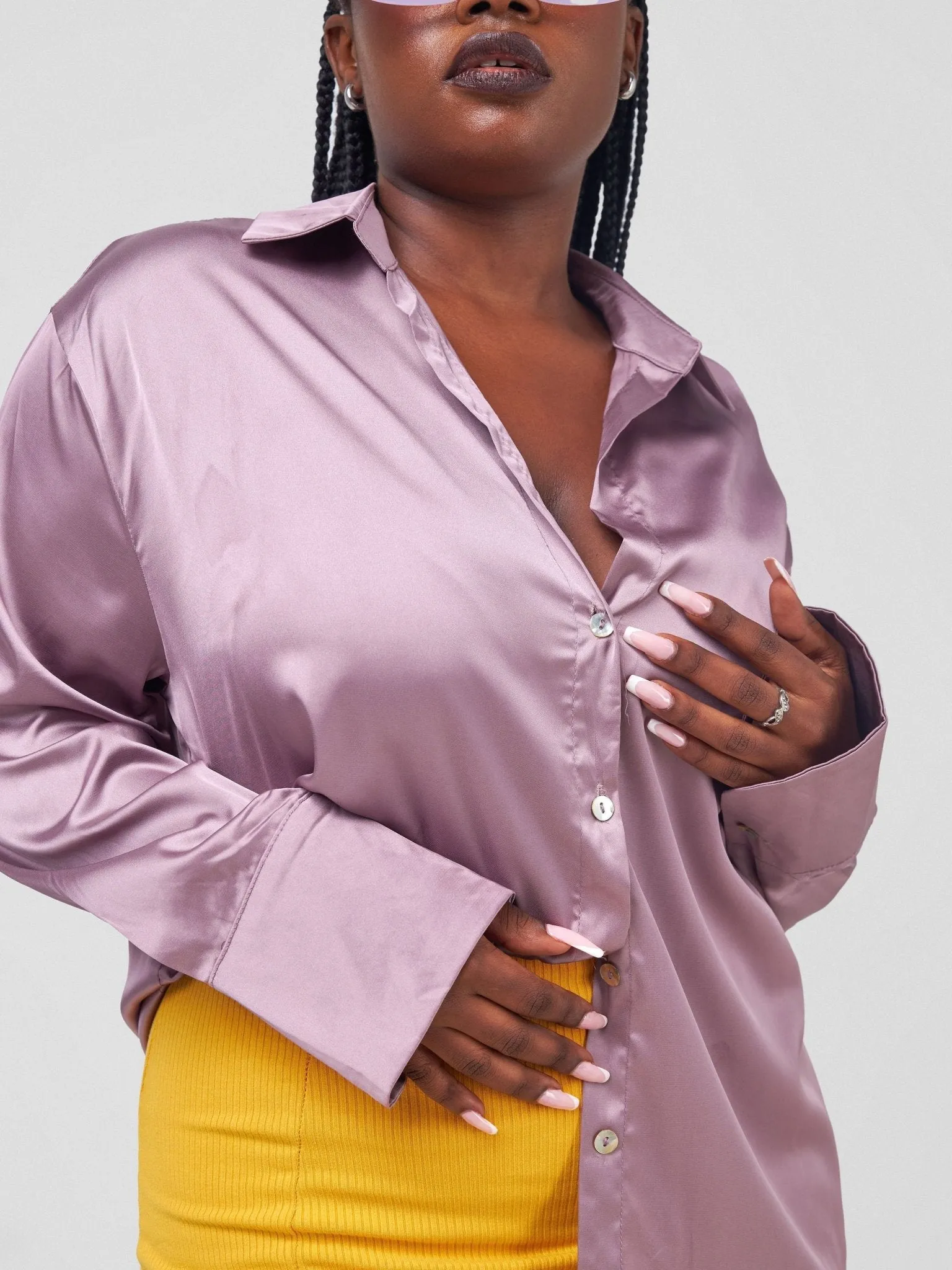 Anika Long Sleeved Button Down Satin Shirt - Purple