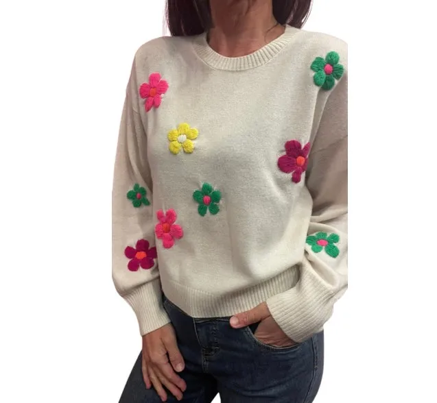 Elegant Floral Cashmere Crewneck Top - B074