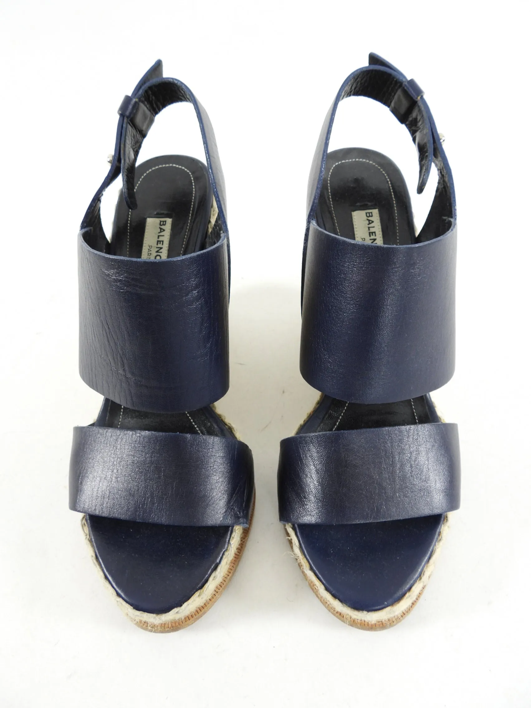 Balenciaga Navy Leather Wedge Espadrilles - 37