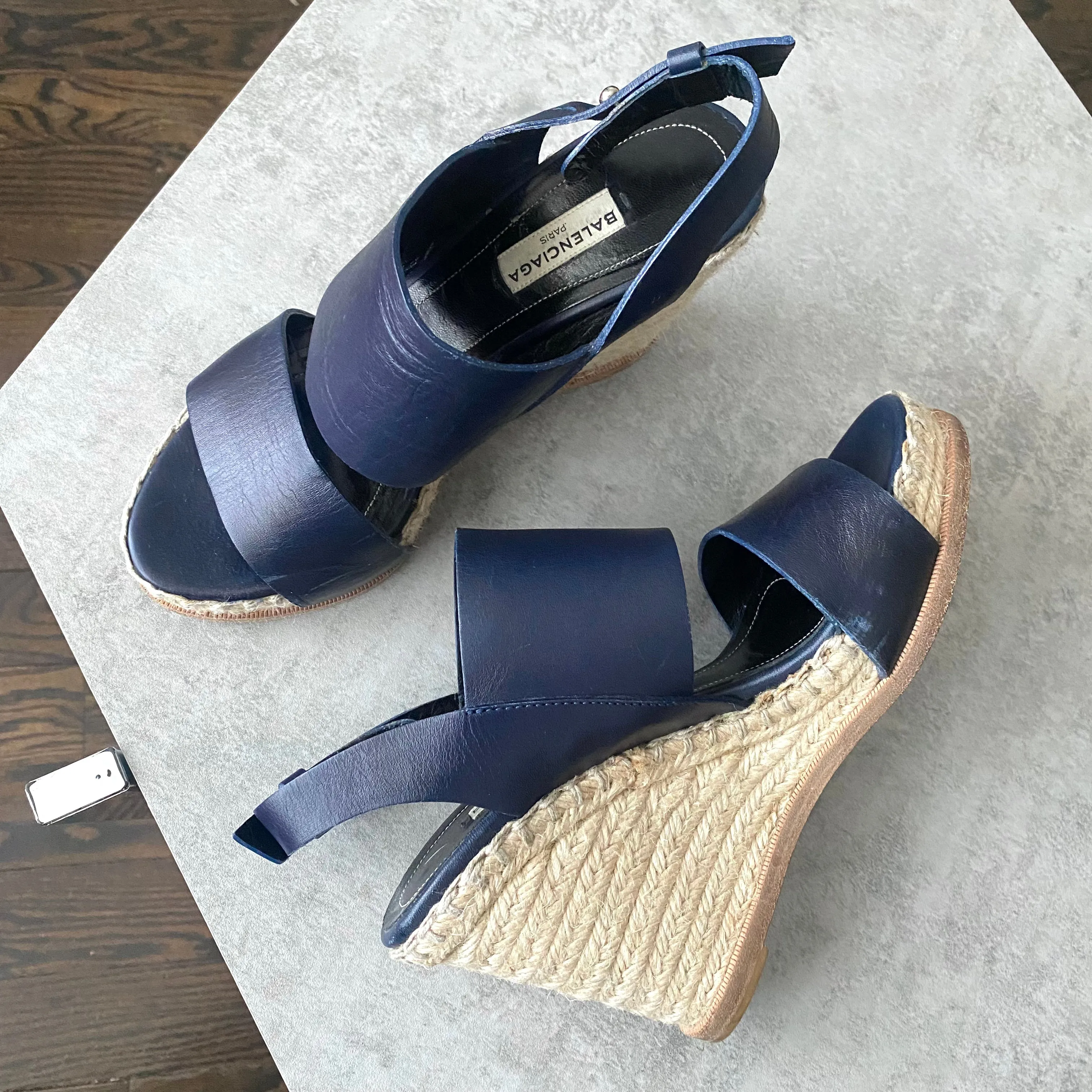 Balenciaga Navy Leather Wedge Espadrilles - 37