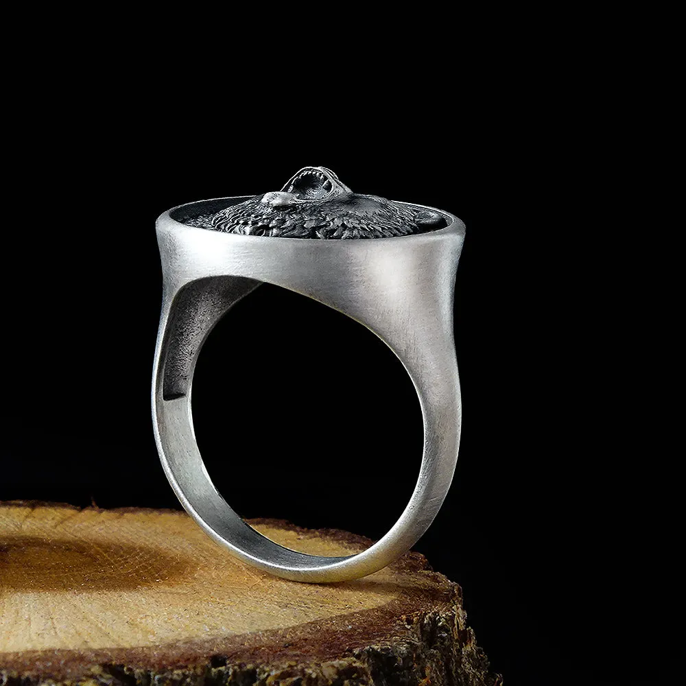 Bear Head Handmade Signet Oxidized 925 Sterling Silver Mens Ring