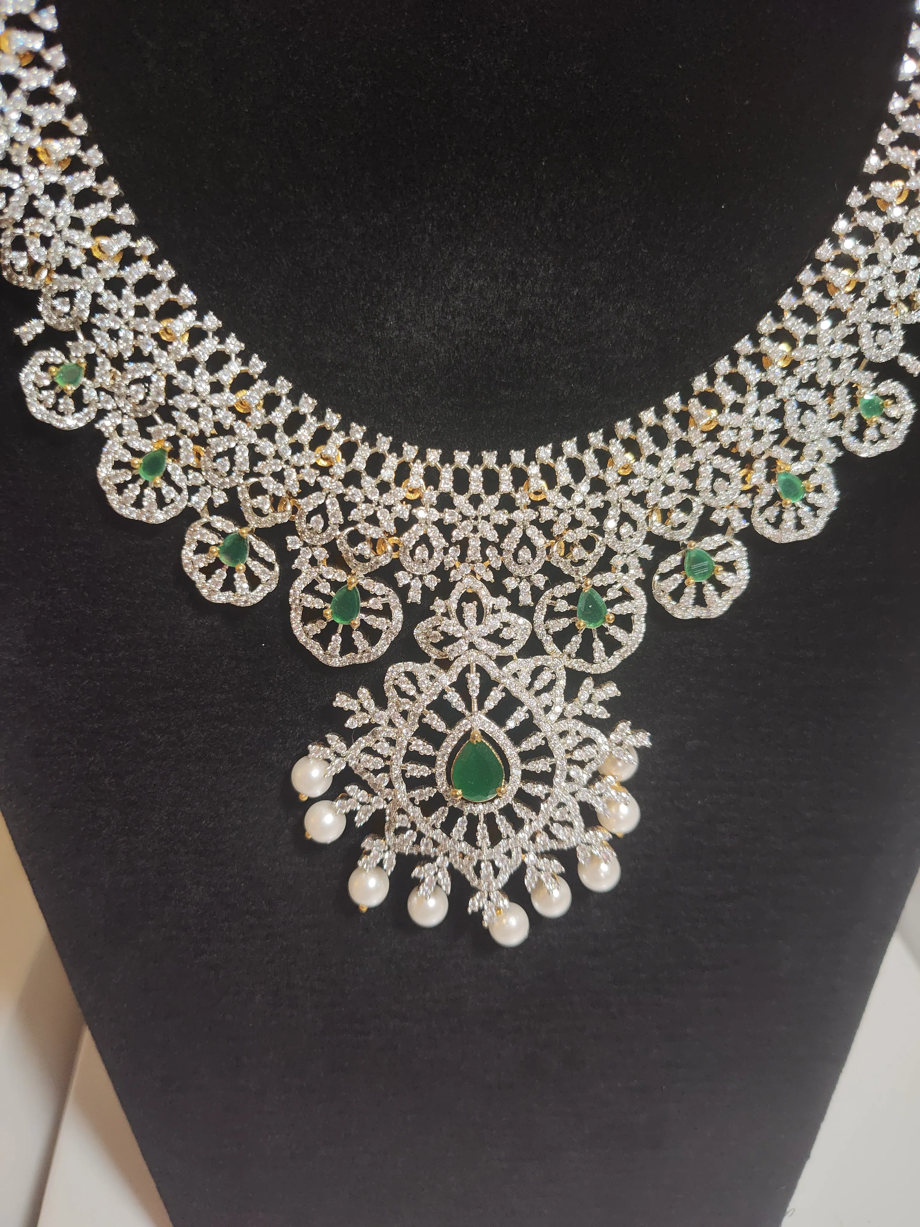 Beautiful Bridal Necklace Set With CZ Stones And Emerald Color Stones