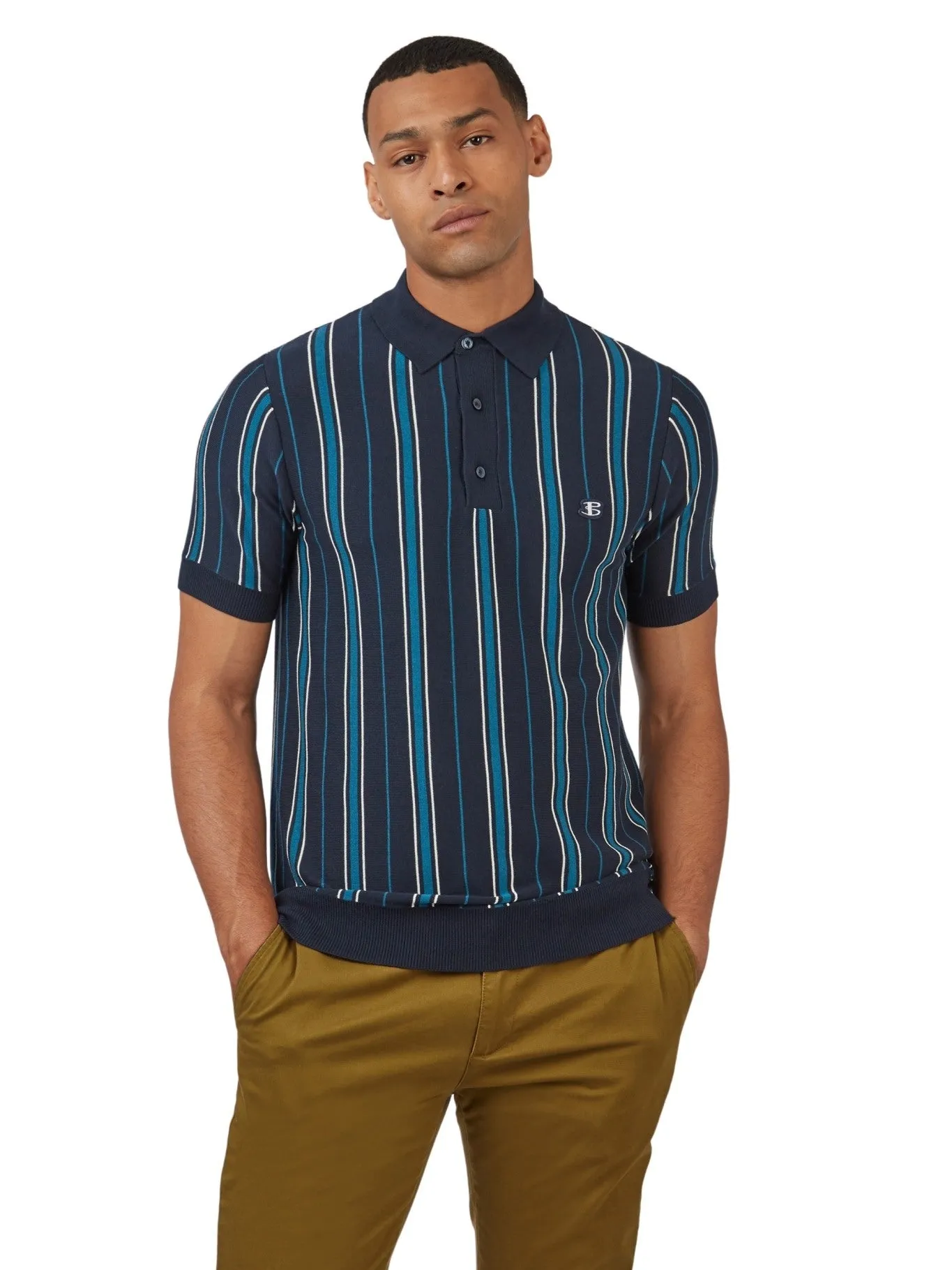 Ben Sherman Mens All Over Stripe Knit Polo Shirt