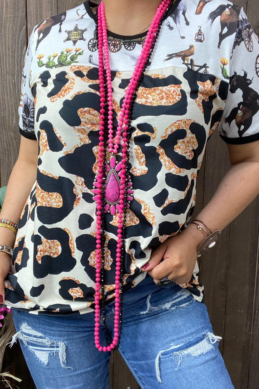 Big spot leopard & Western print short sleeve top