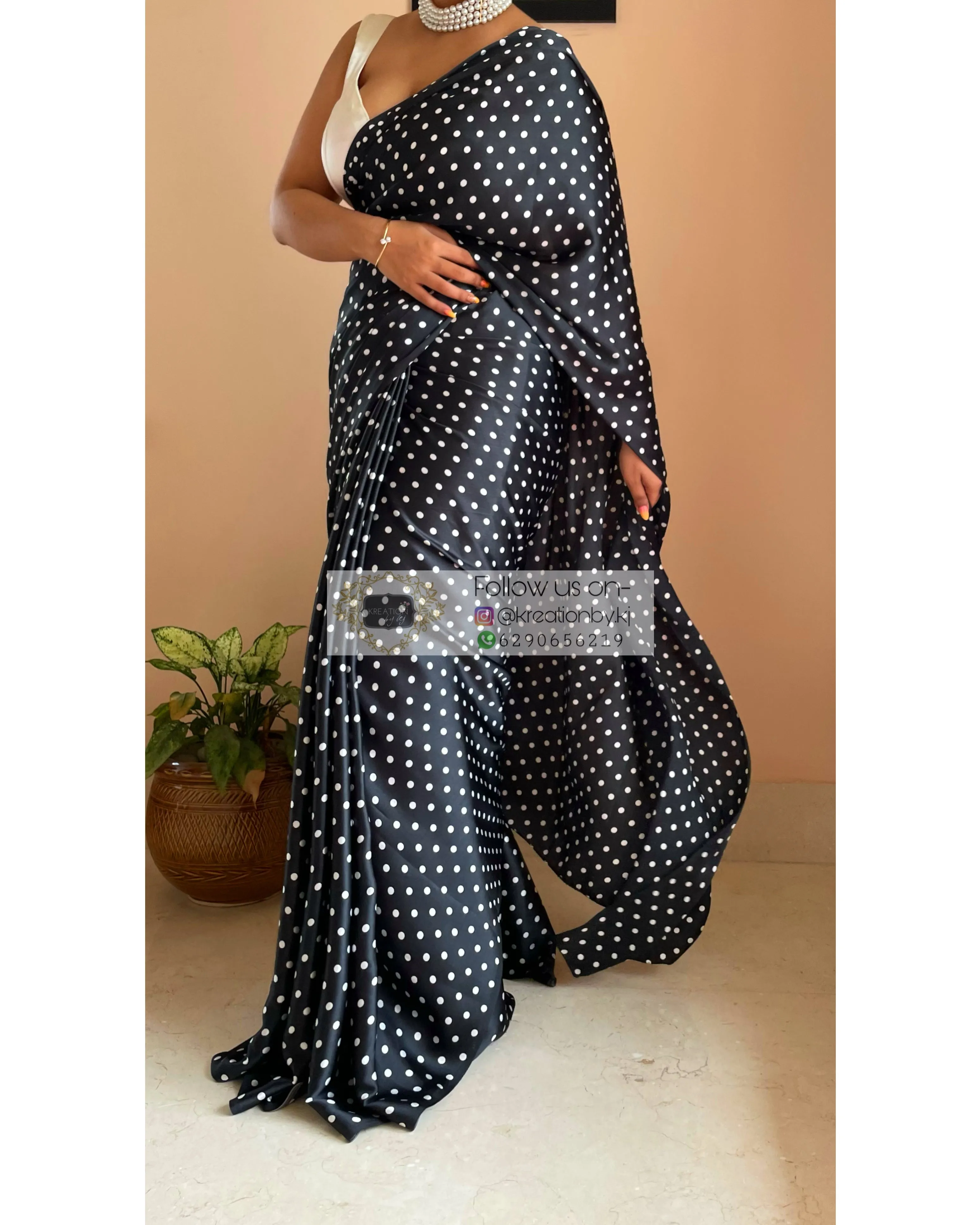 Black Polka Dot Satin Silk Saree