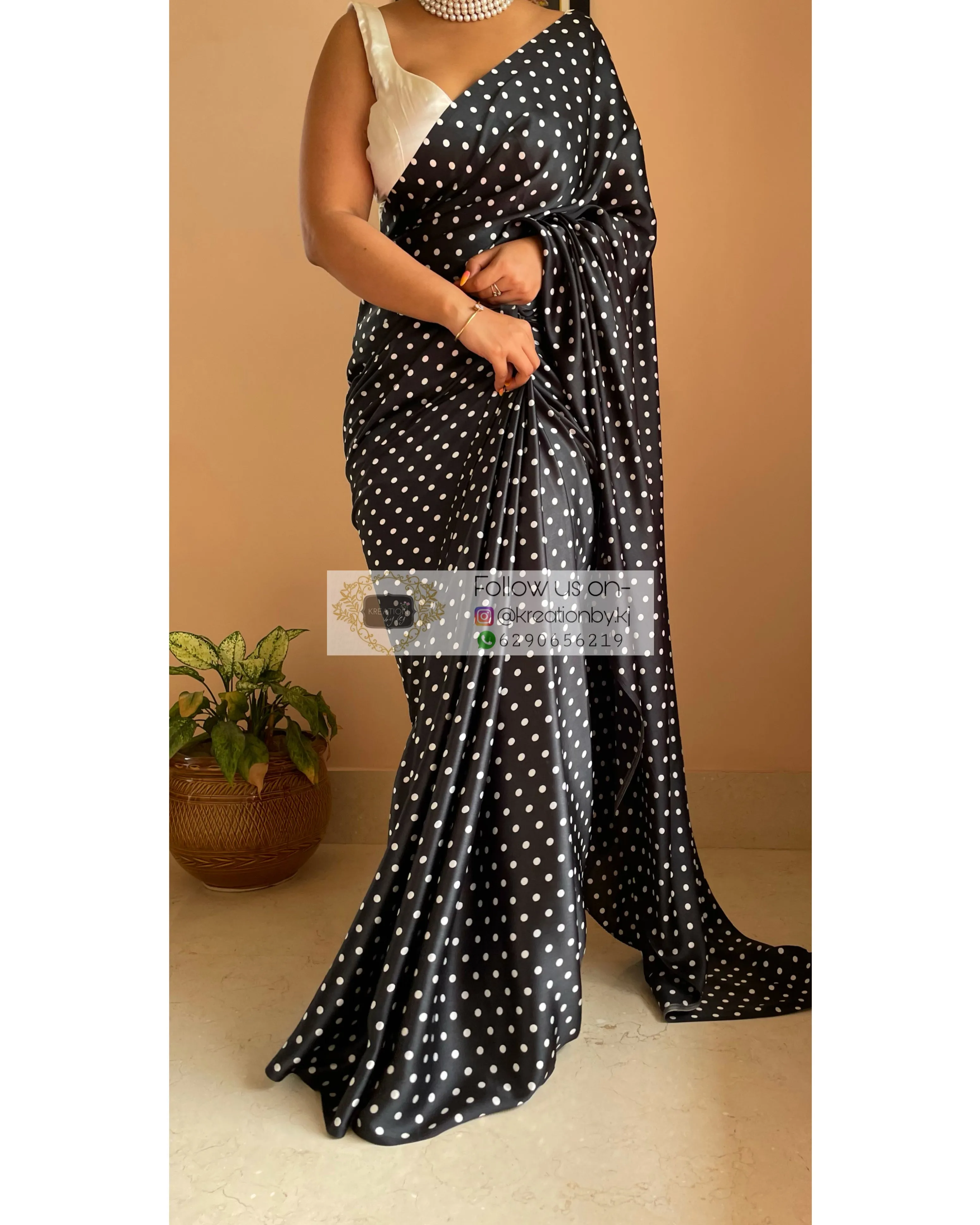 Black Polka Dot Satin Silk Saree