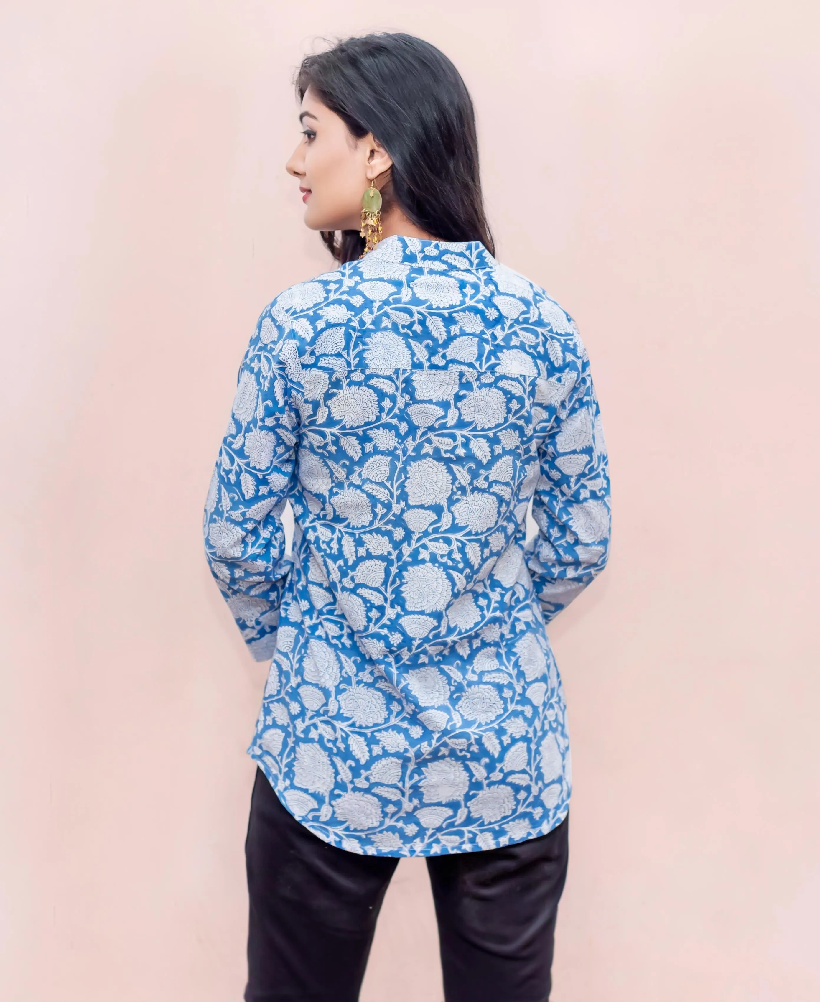 Blue and White Button Down Block Printed Cotton Top