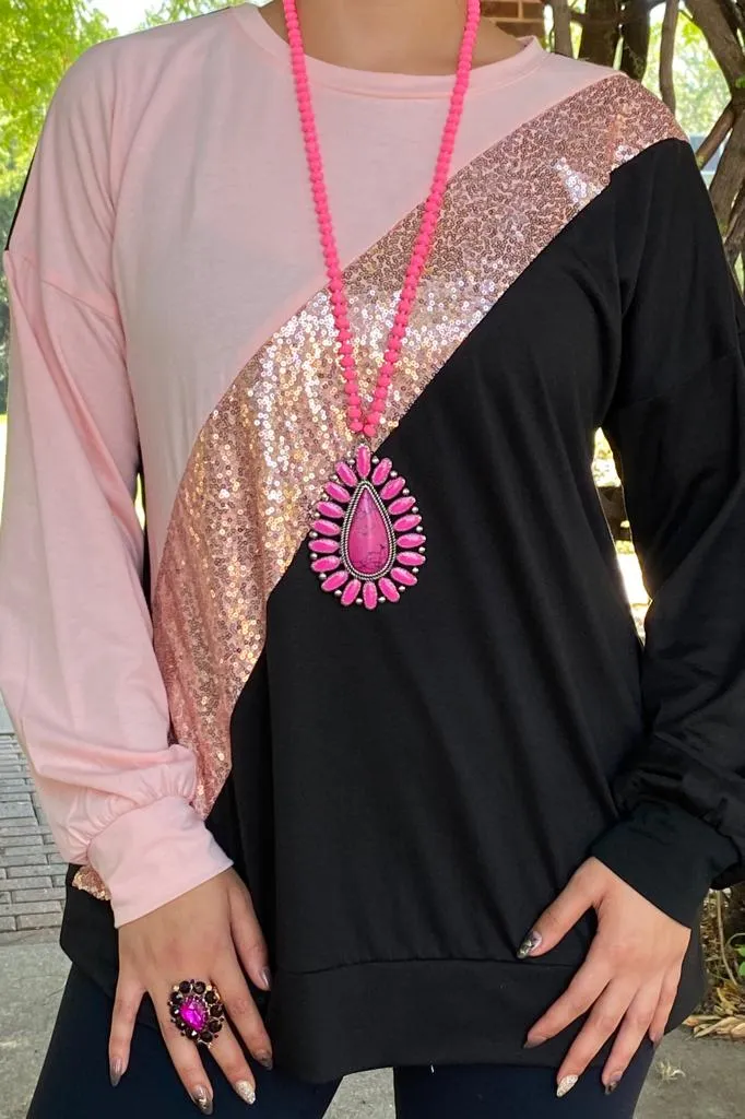 Blush, Sequin, Black diagonal color block long sleeve