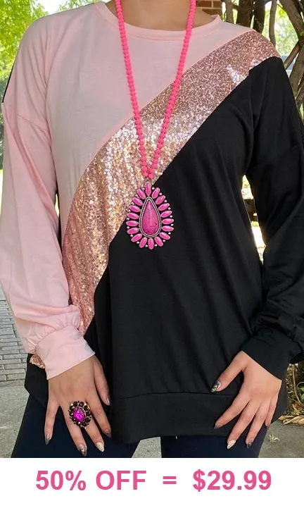 Blush, Sequin, Black diagonal color block long sleeve