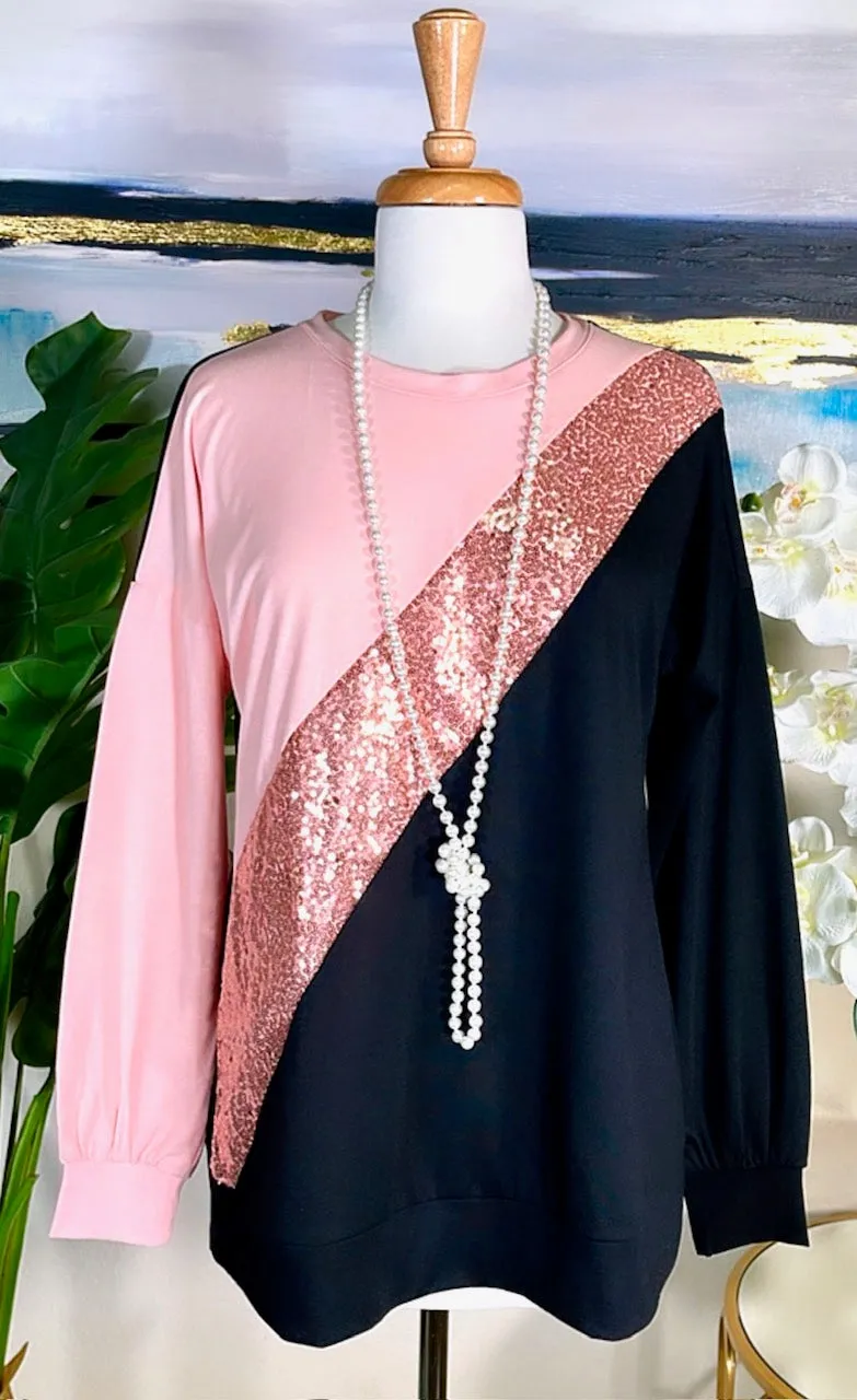 Blush, Sequin, Black diagonal color block long sleeve