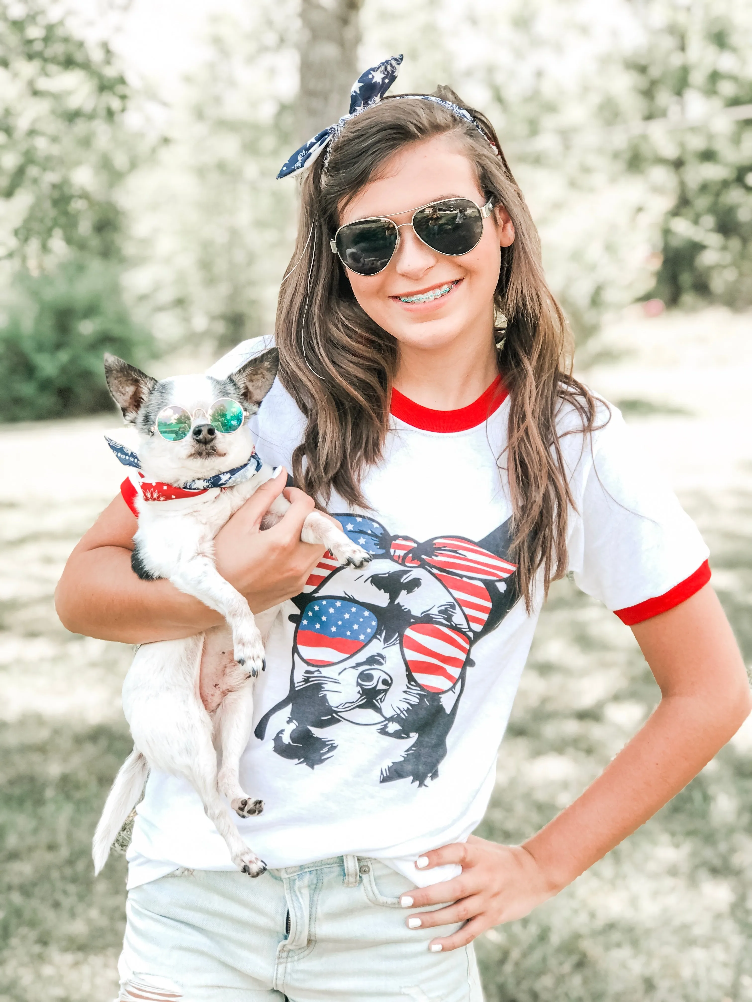 Chihuahua with Flag Bandana & Glasses Tee