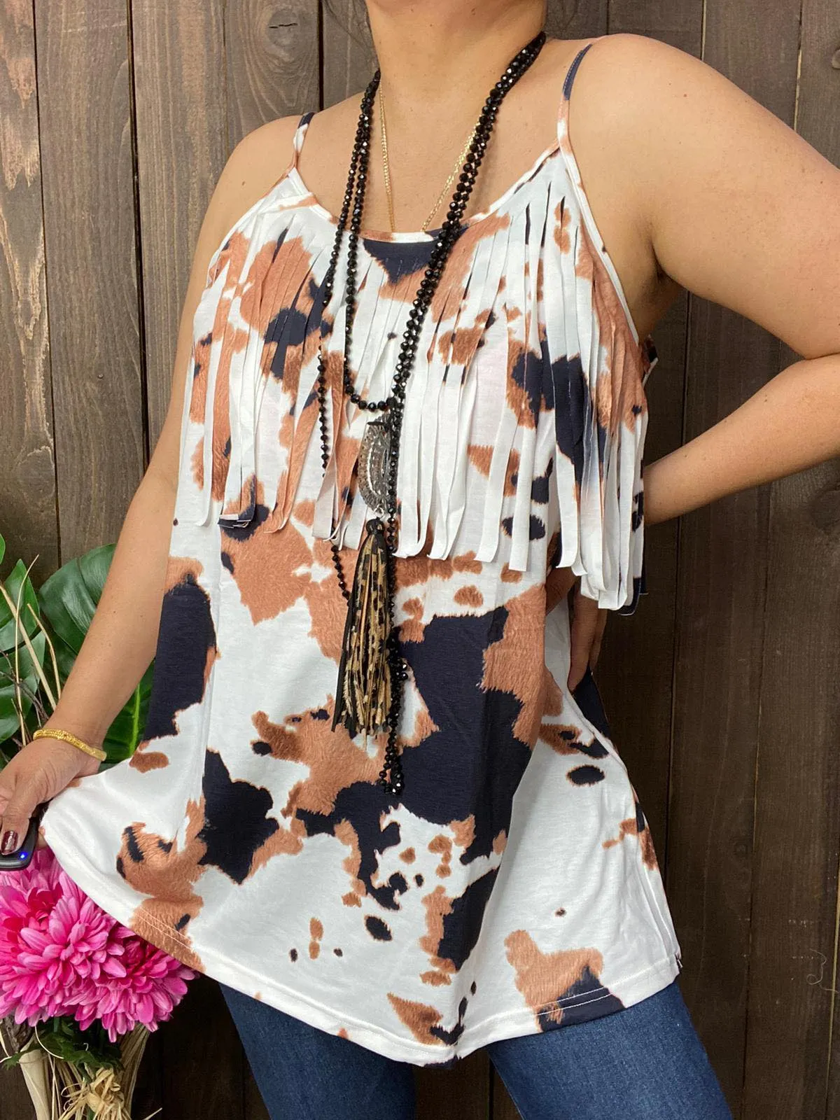 Cow print fringe tank