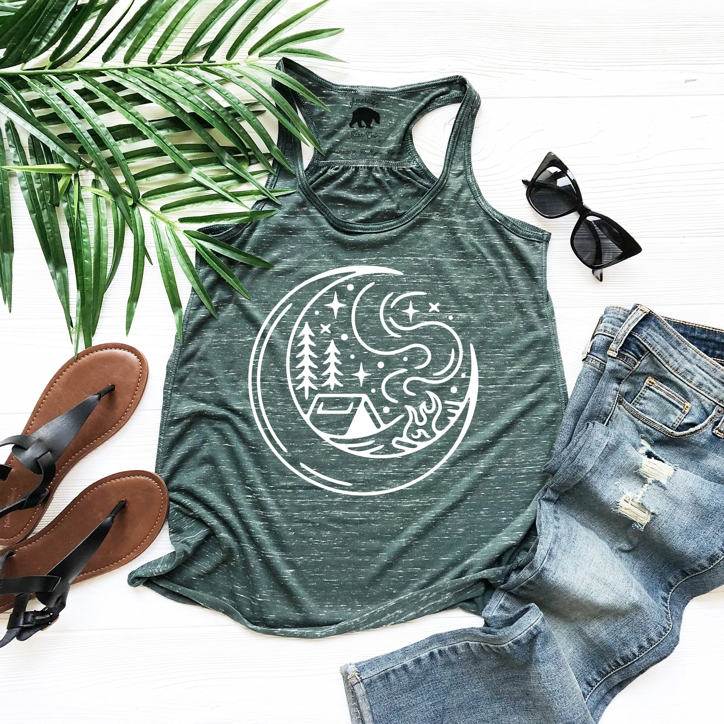 Crescent Campfire Moon flowy racerback tank tops - light or dark artwork