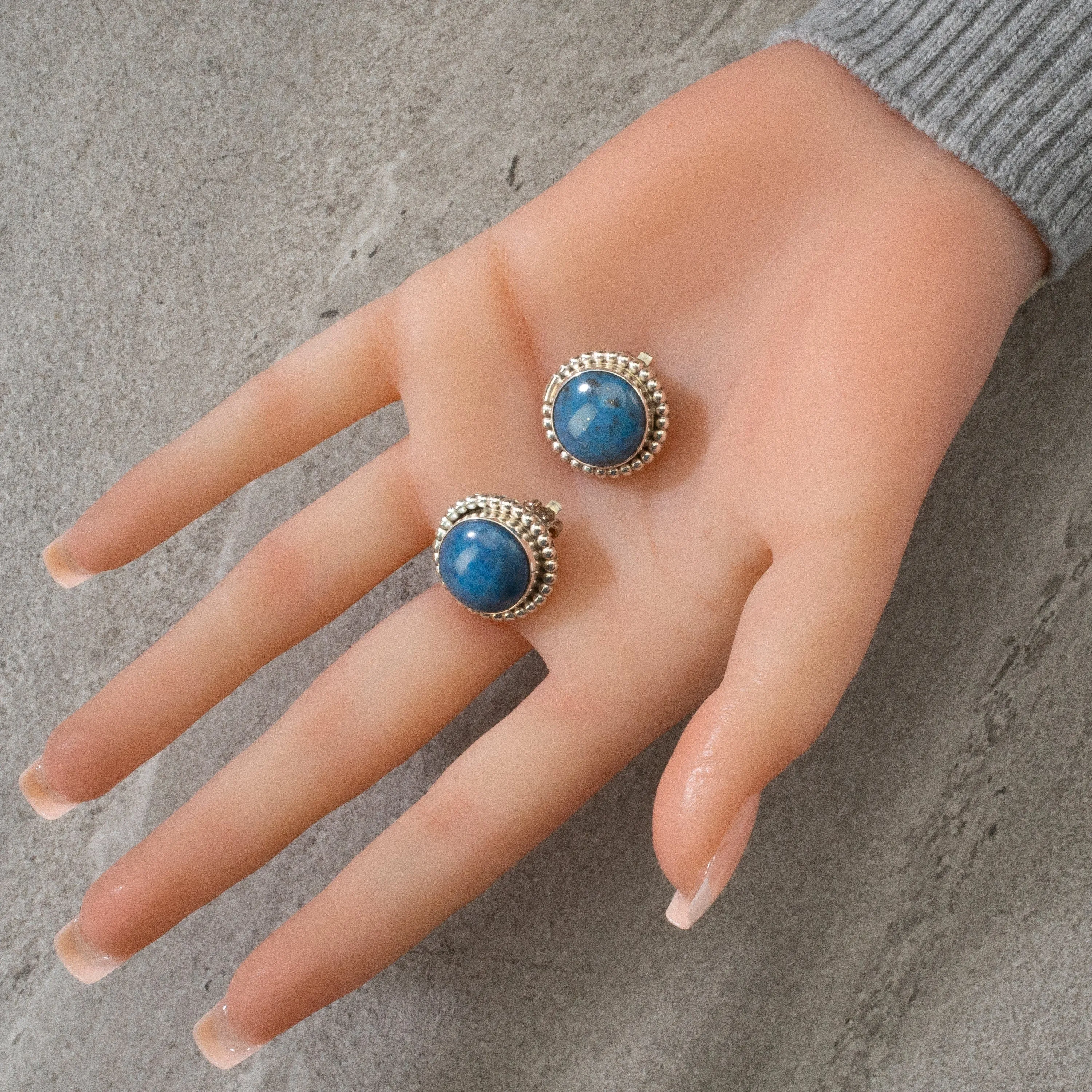 Denim Lapis Round Navajo USA Native American Made 925 Sterling Silver Earrings with Clip On Backing