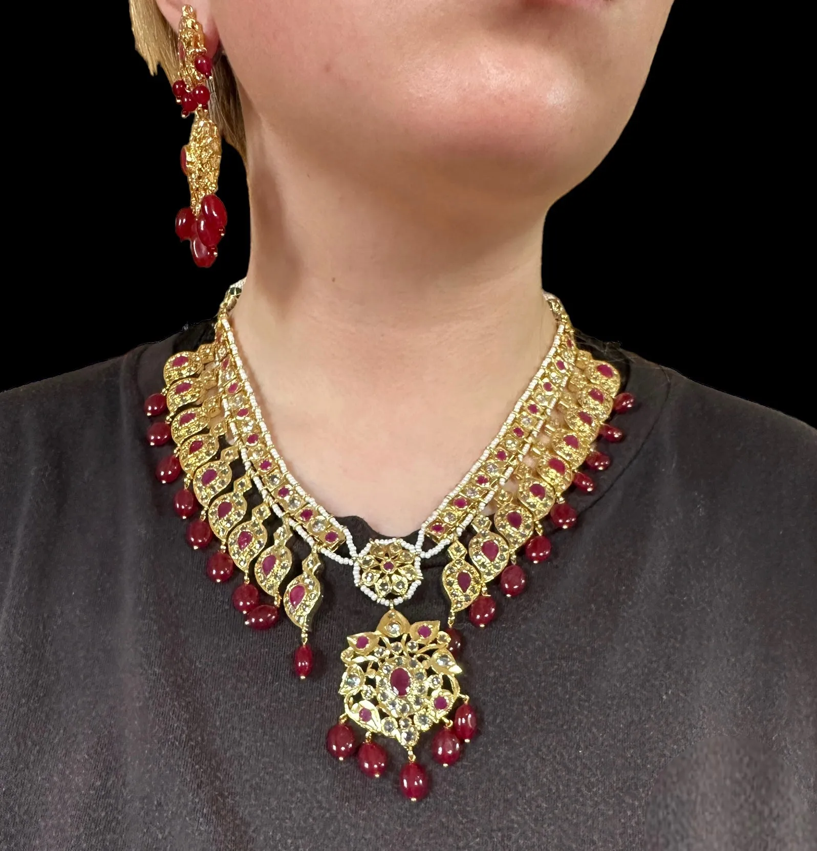 DNS15 Palakh ruby mango necklace set  (READY TO SHIP)