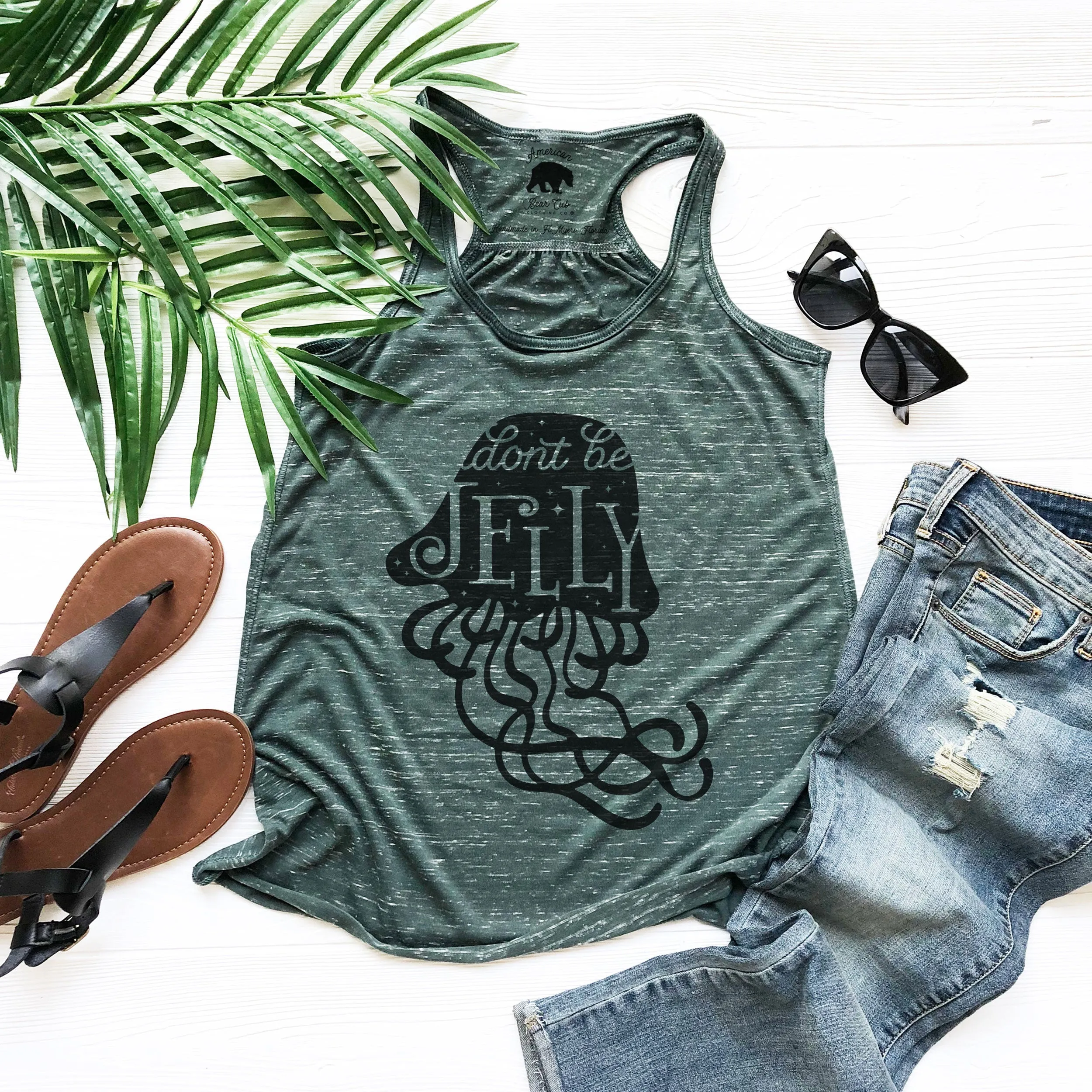 Don't Be Jelly flowy racerback tank tops