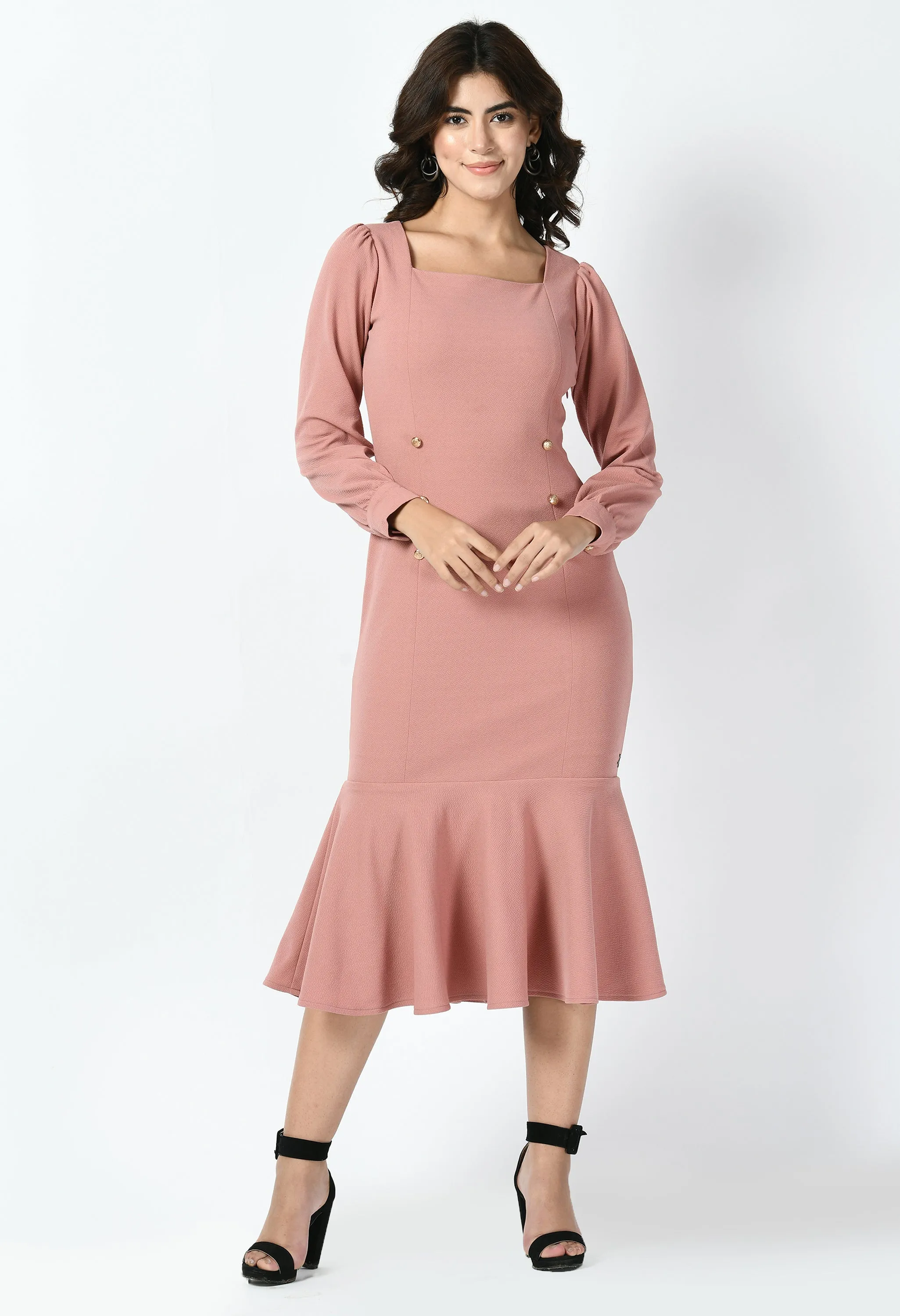 Exude Apogee Fishtail Midi Dress (Cherry Pink)