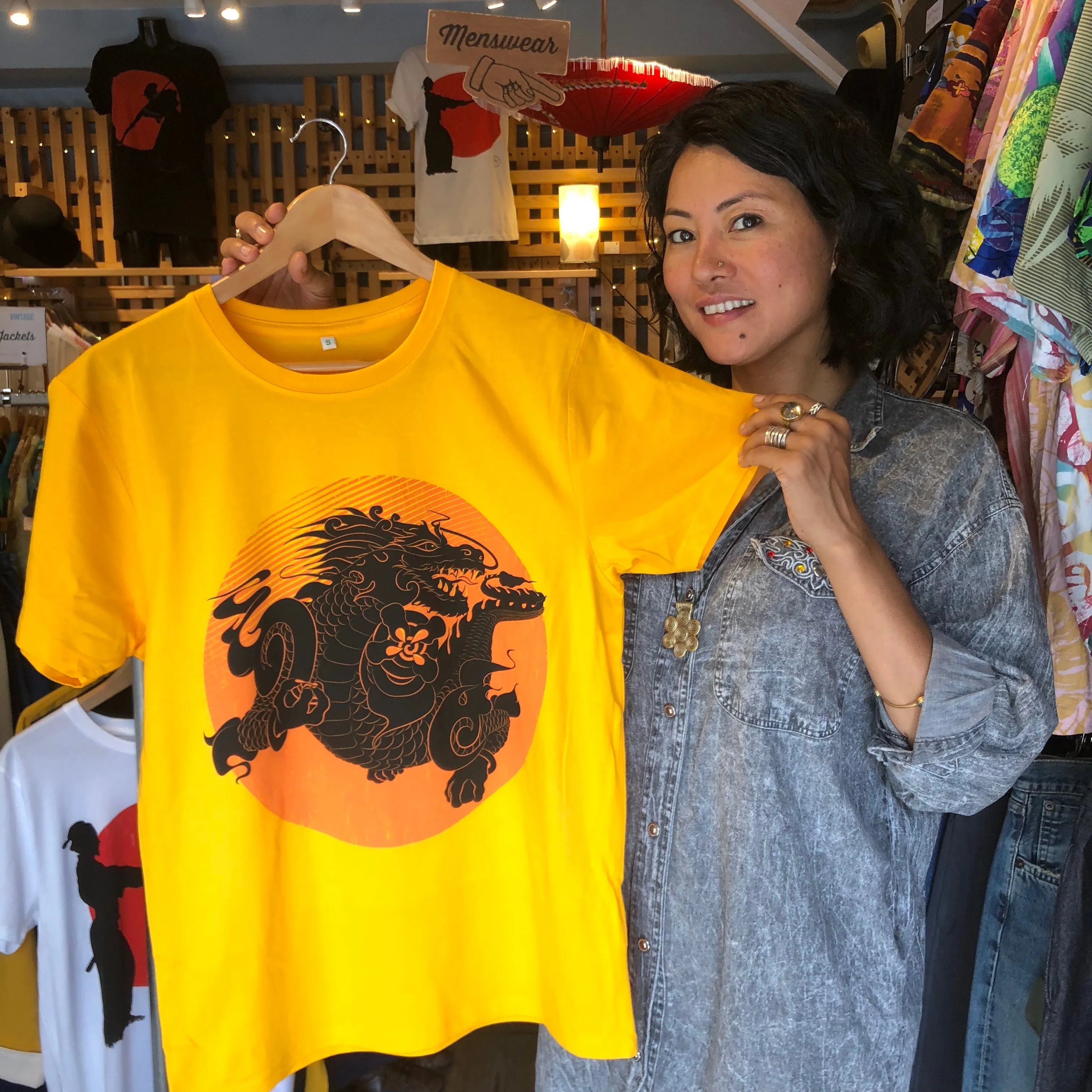 Fair Trade Unisex Organic Cotton Bhutanese Thunder Dragon T-shirt Yellow Gold