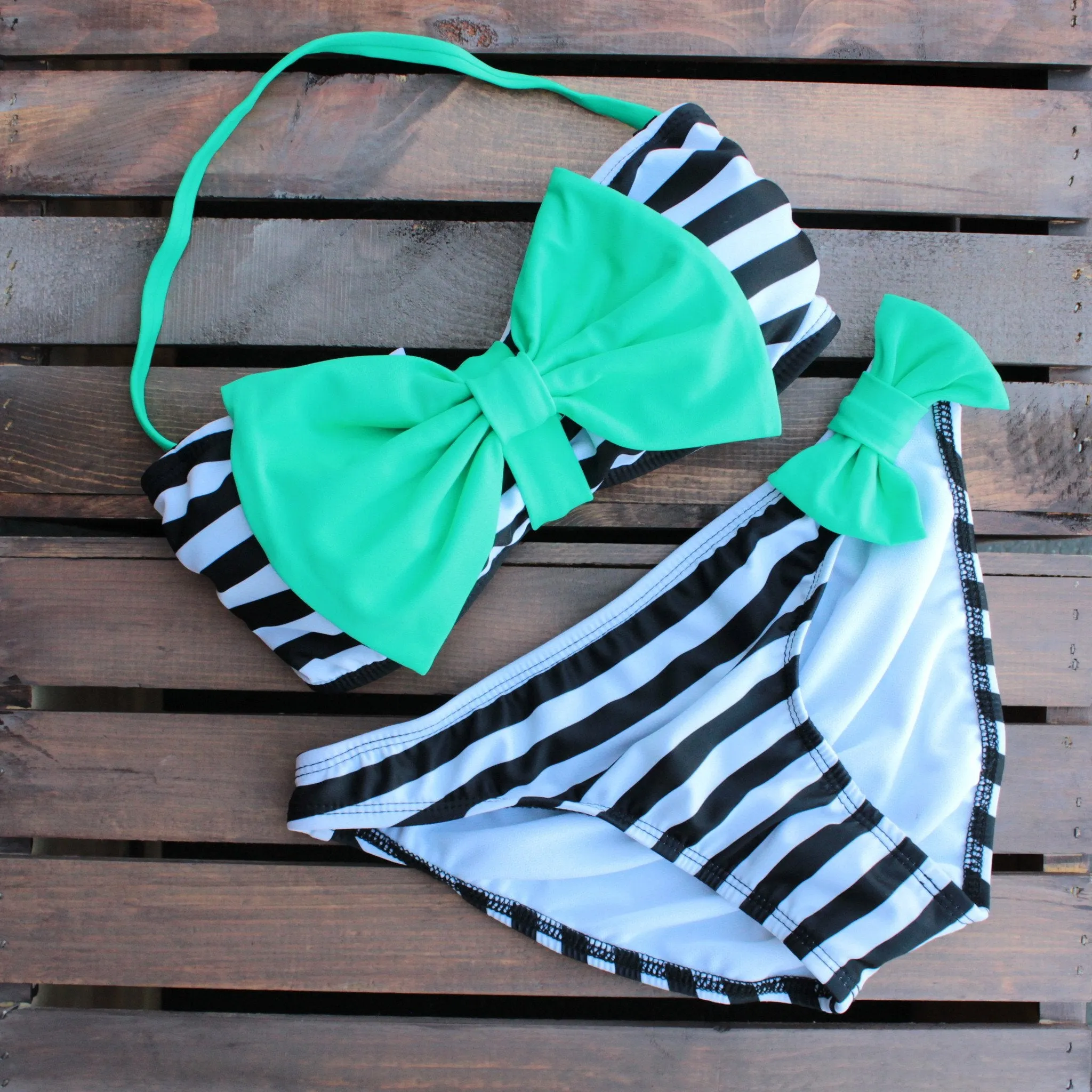 Final Sale - Dippin Daisy - Striped Sailor Gal Bow Bikini in Mint and Black