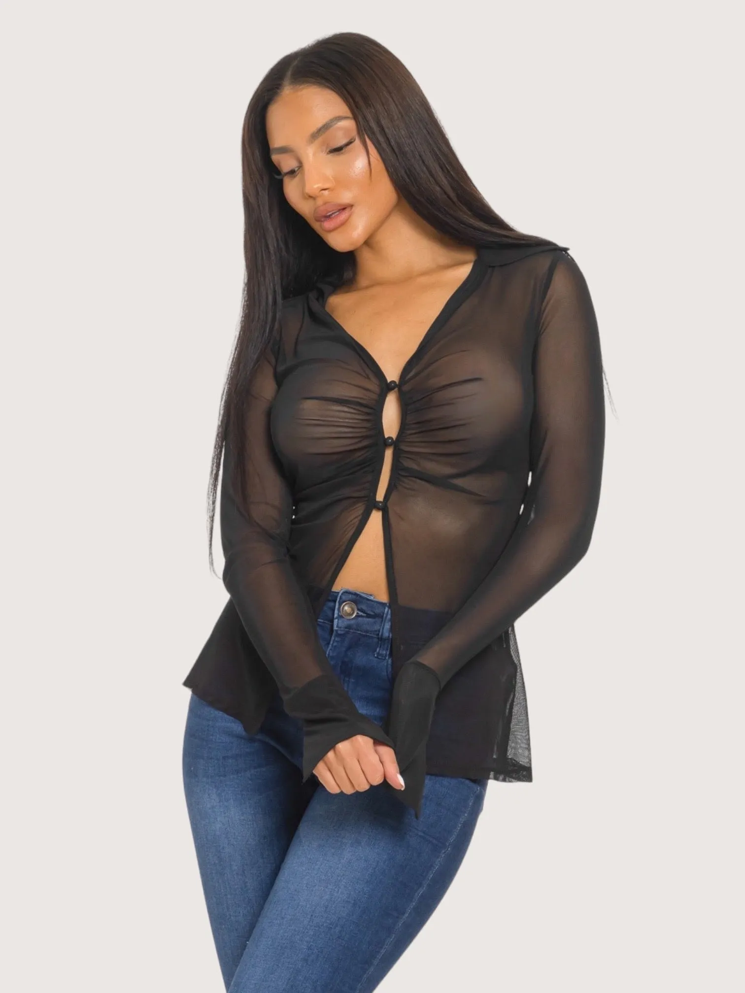 Flared Sleeved Mesh Top | Black