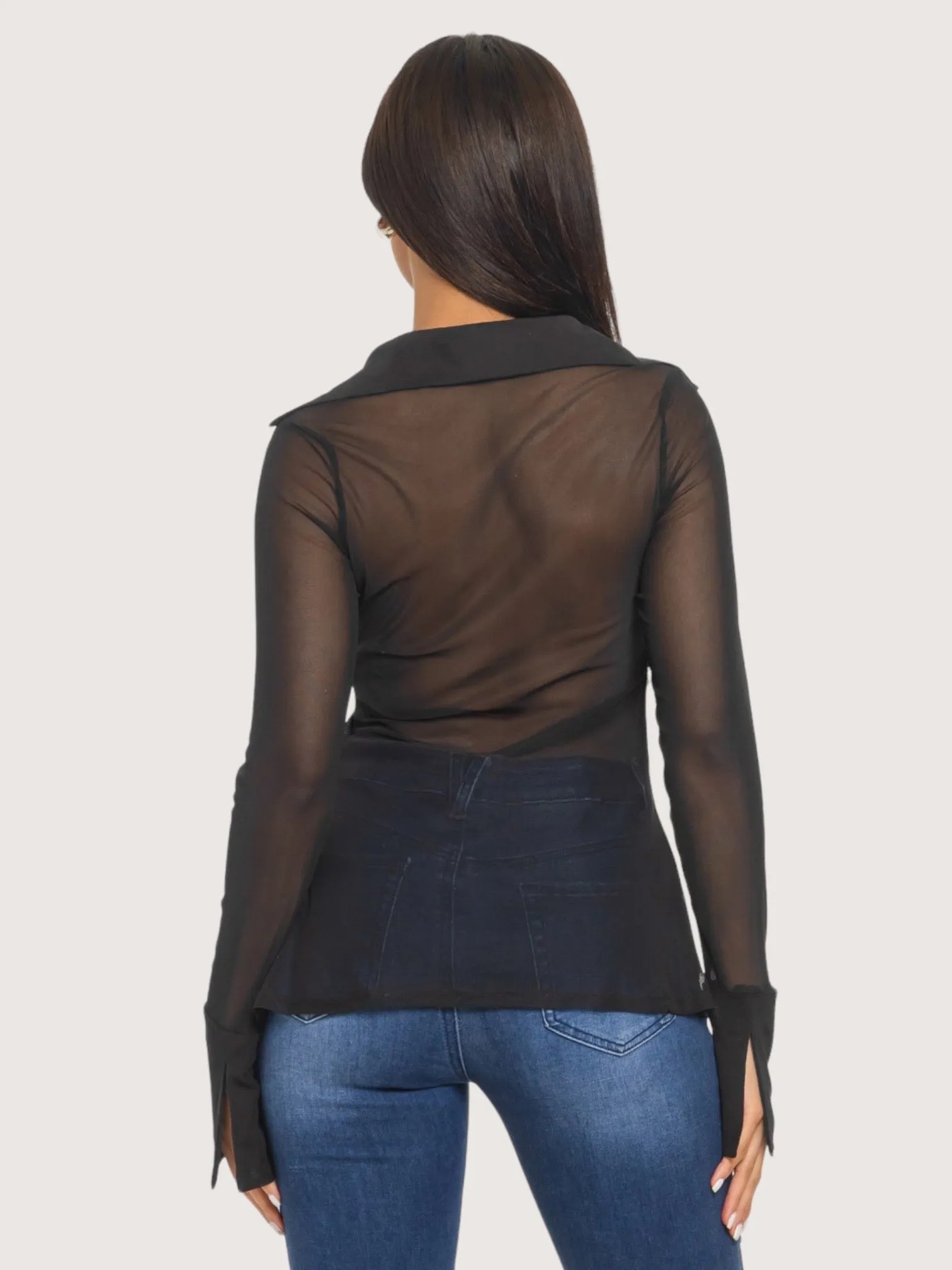 Flared Sleeved Mesh Top | Black