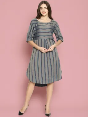 Grey Striped Dress With Curved Hemline