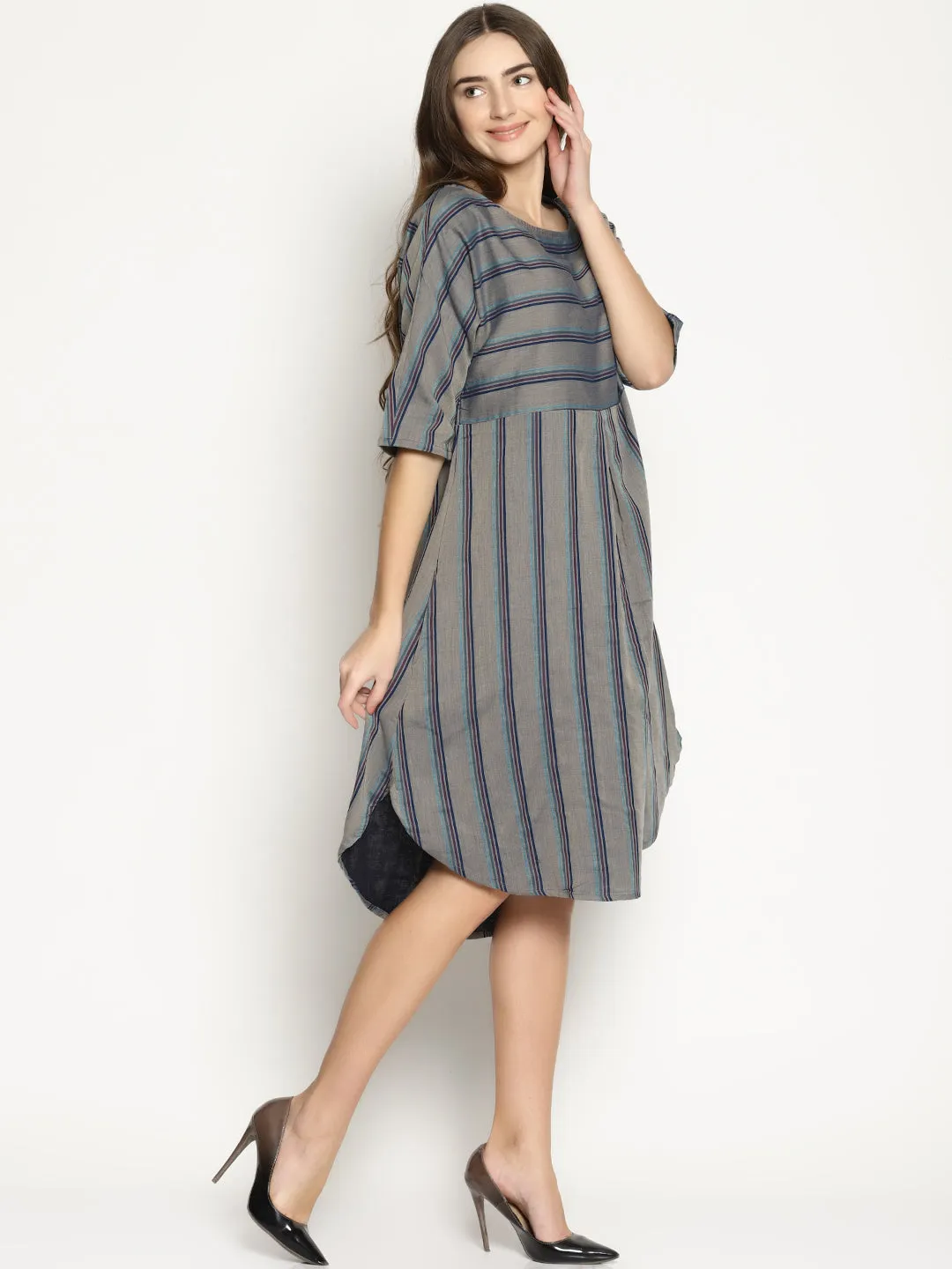 Grey Striped Dress With Curved Hemline