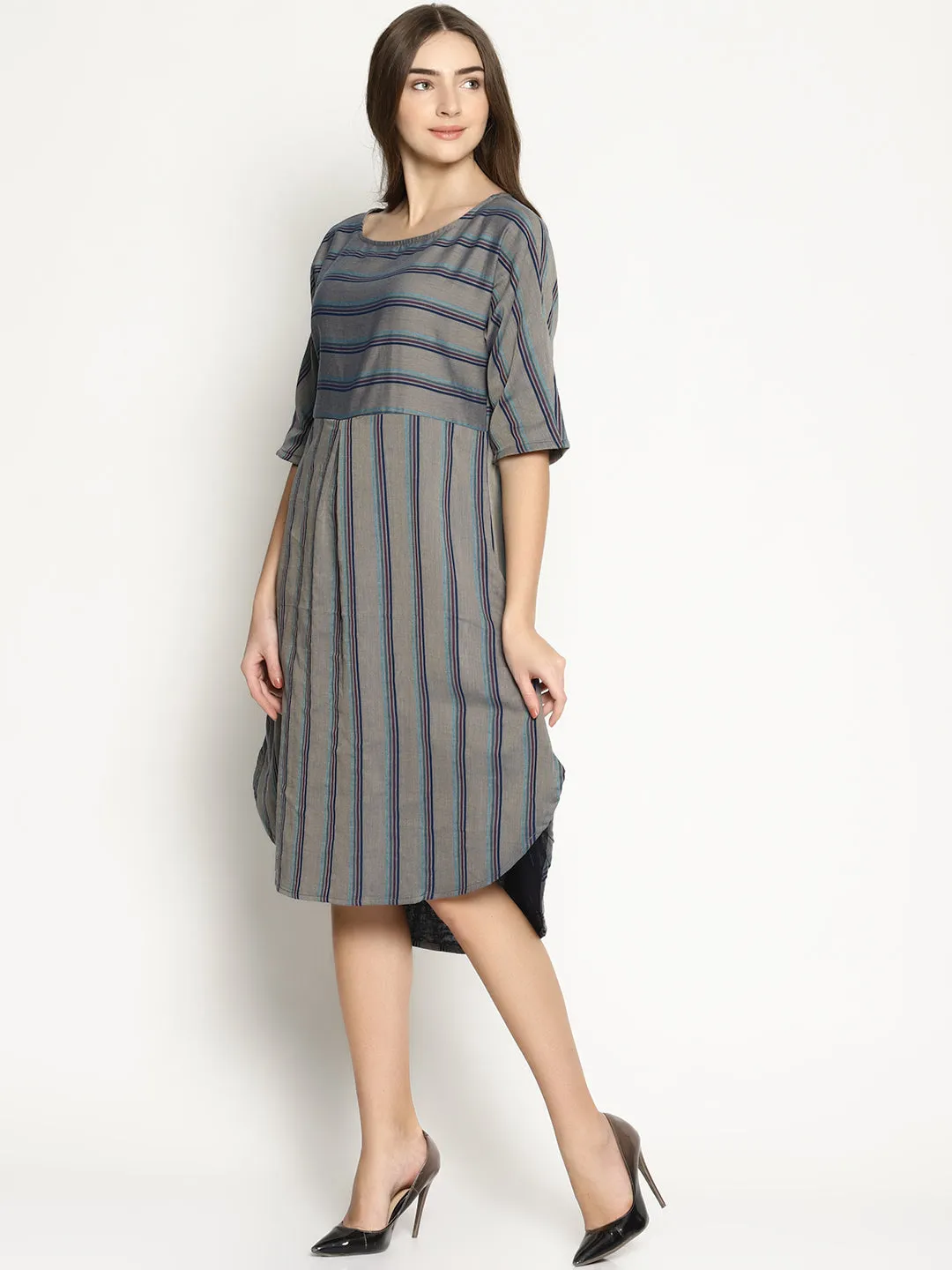 Grey Striped Dress With Curved Hemline