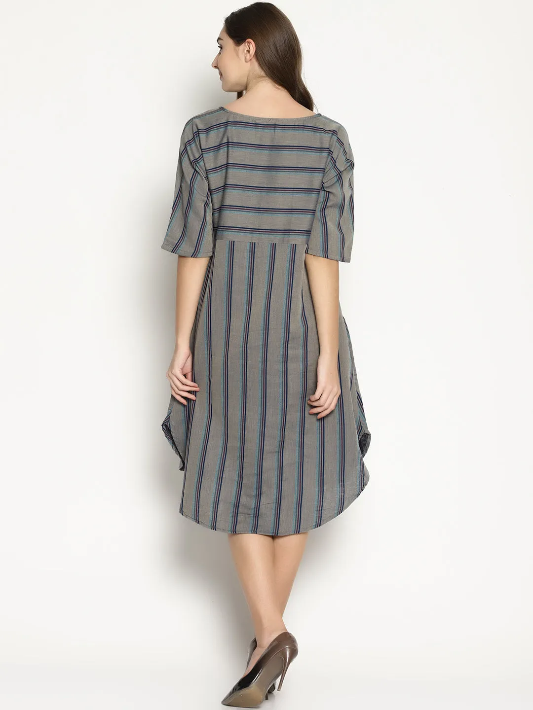 Grey Striped Dress With Curved Hemline