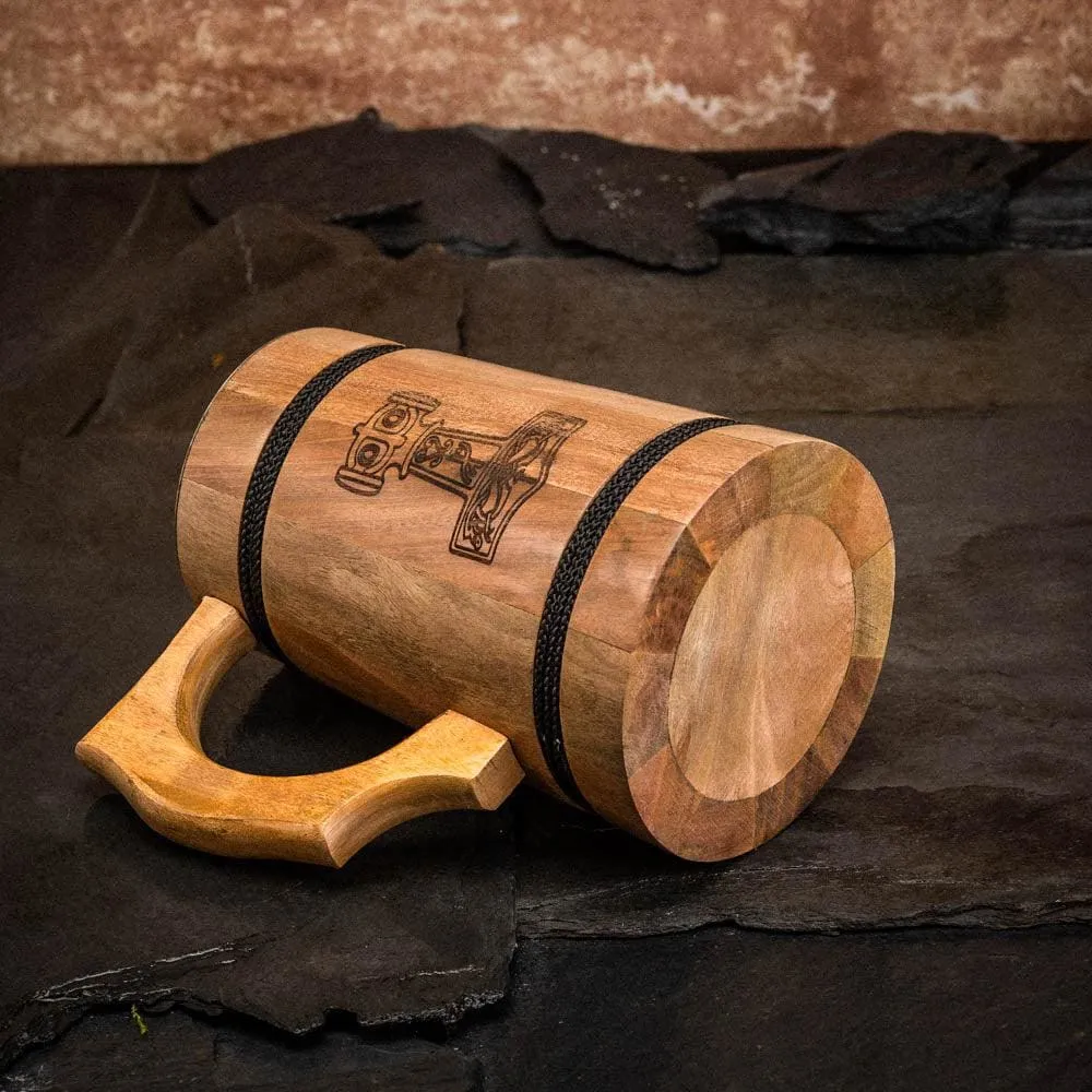 Handmade Wooden Tankard With Mjolnir Engraving