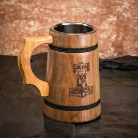 Handmade Wooden Tankard With Mjolnir Engraving