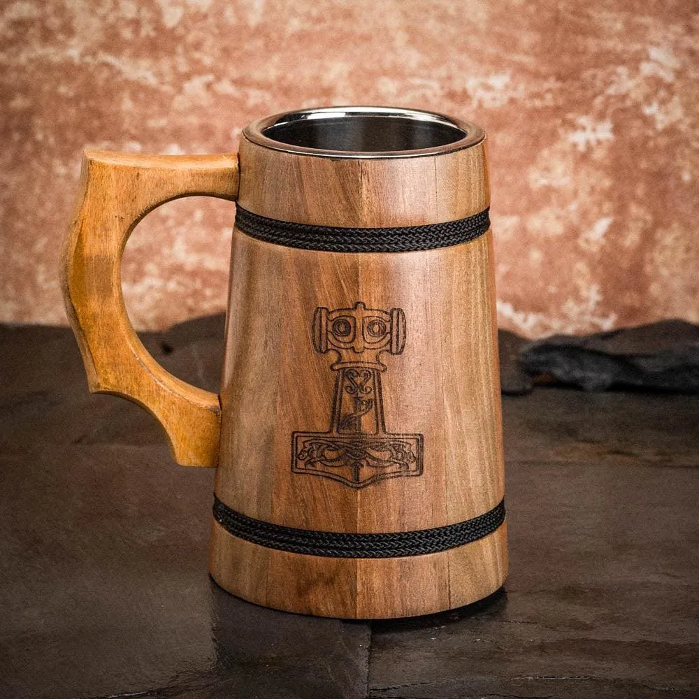 Handmade Wooden Tankard With Mjolnir Engraving